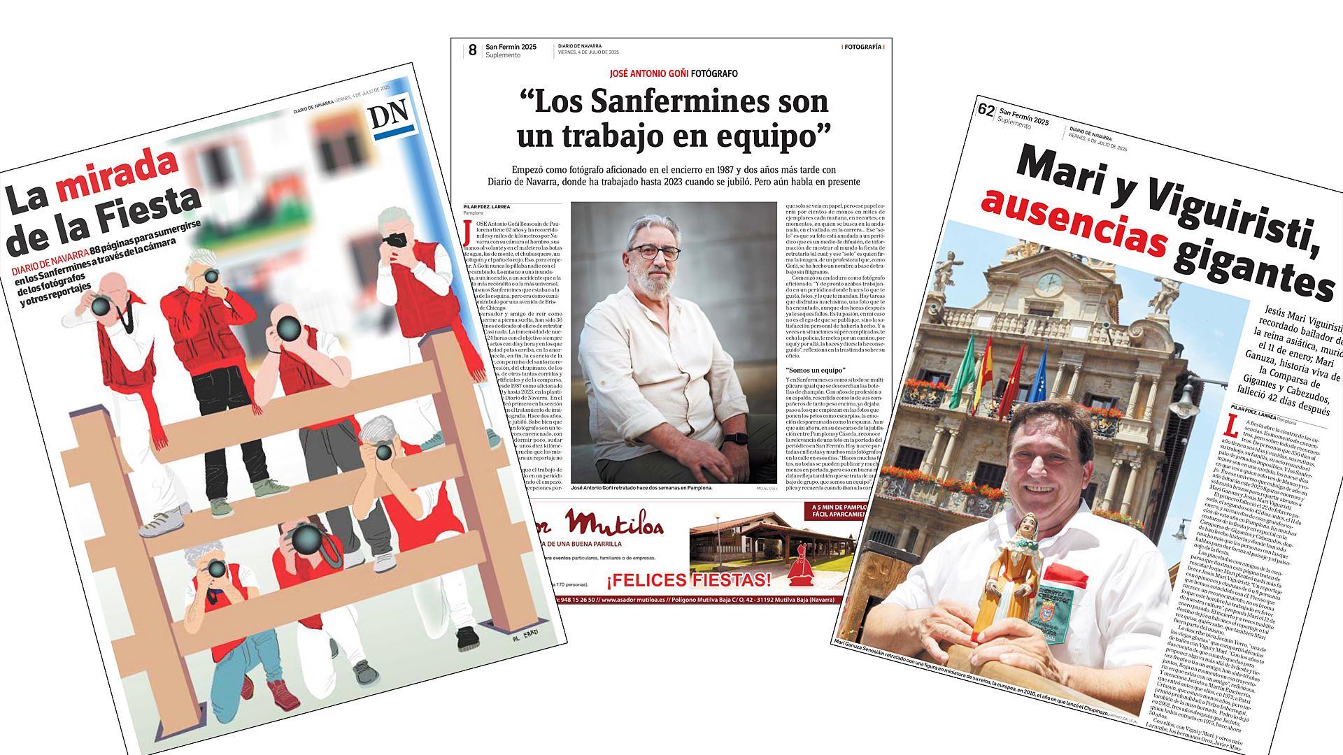 Portada y dos de las páginas del suplemento San Fermín 2025 de Diario de Navarra /