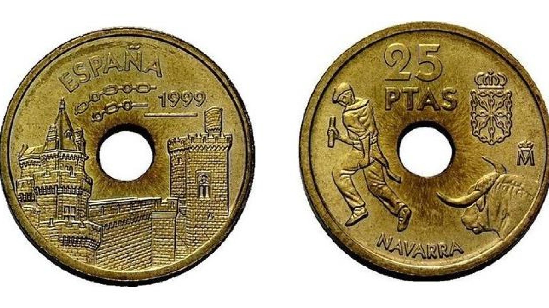 Anverso y reverso de la moneda de 25 pesetas de Navarra