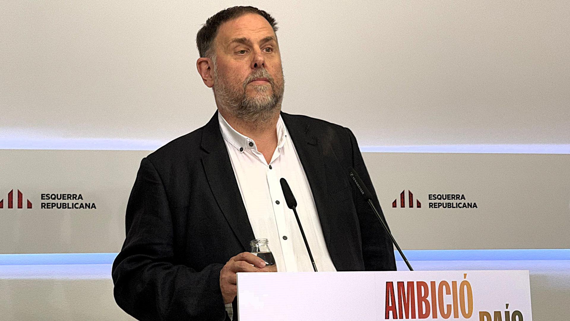 El presidente de ERC, Oriol Junqueras, durante la rueda de prensa de este sábado
