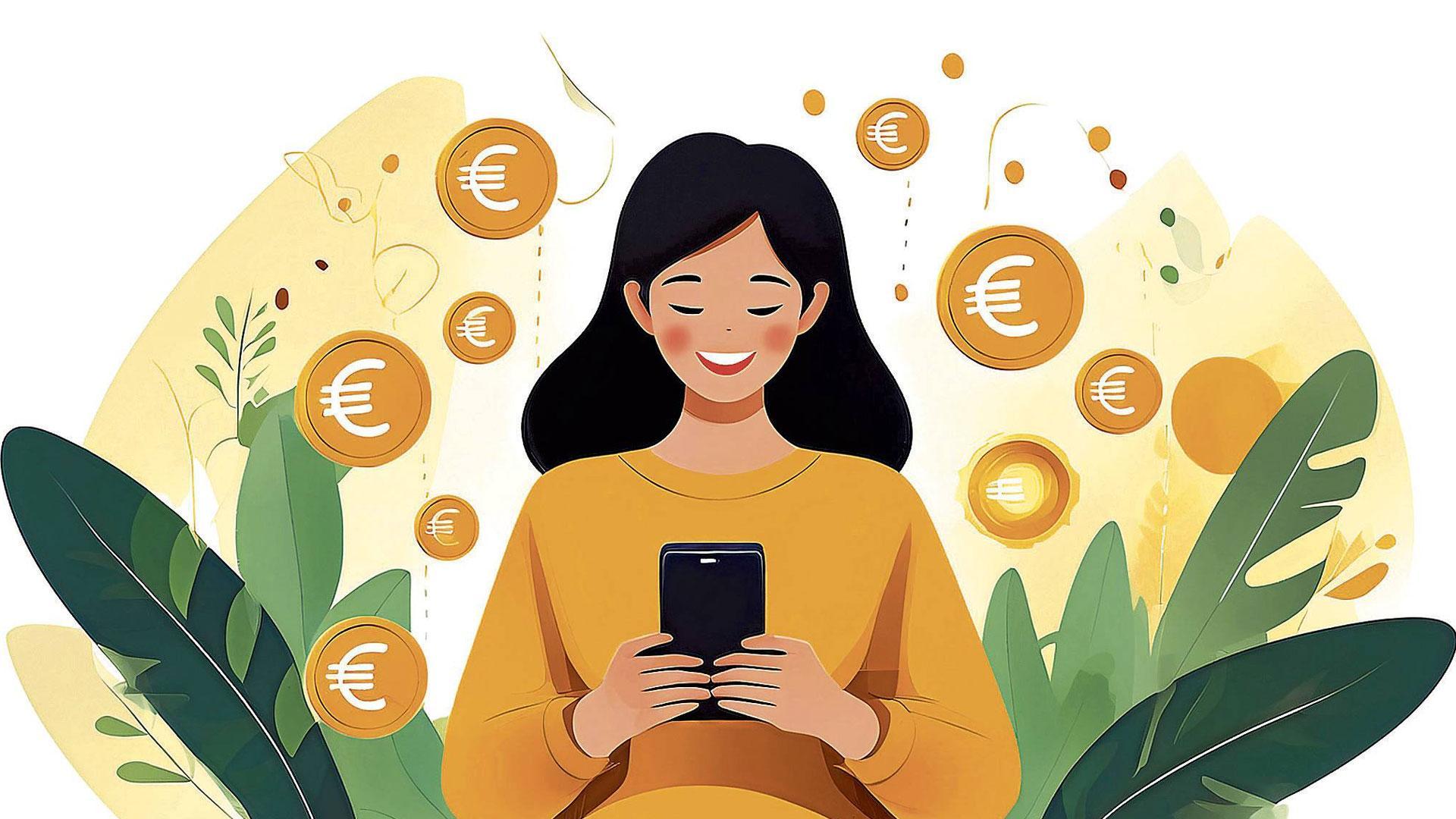Ilustración de una mujer utilizando un teléfono móvil