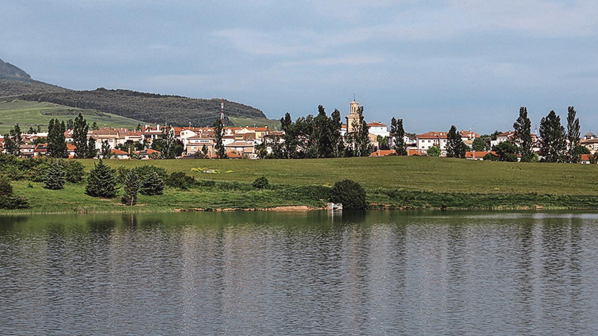 Vista de la balsa de Beriáin y el casco urbano en mayo