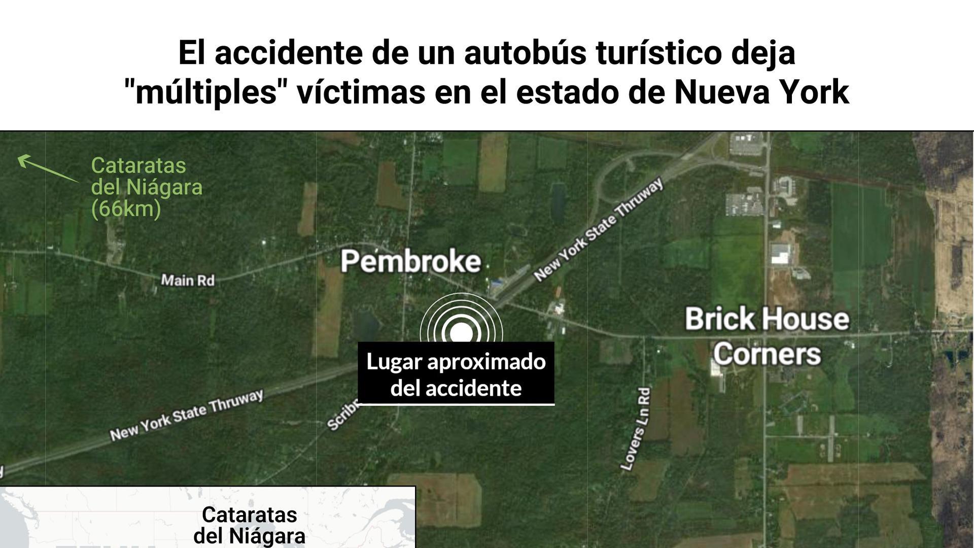 Mapa con localización del accidente de un autobús turístico en Nueva York