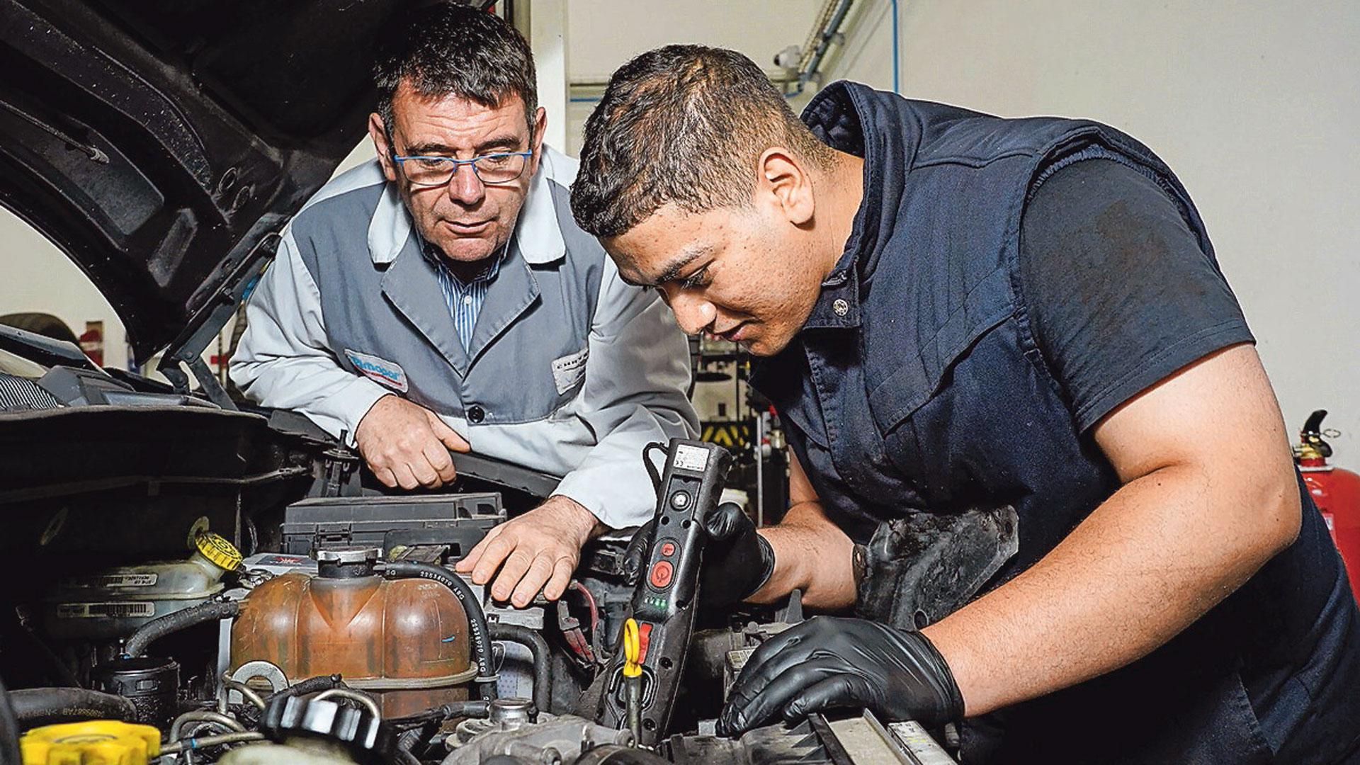n trabajador sénior enseña el oficio a un compañero joven