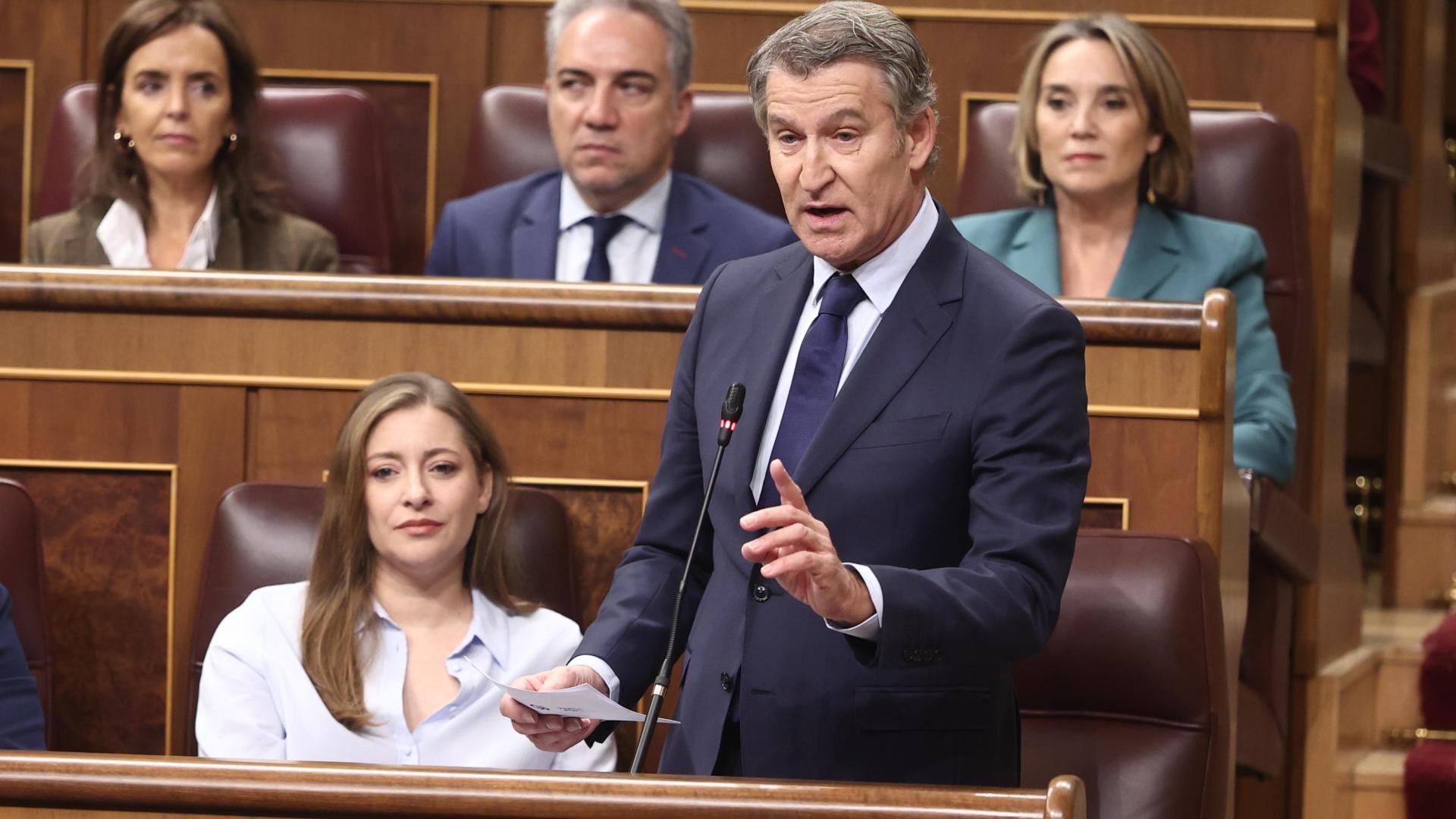 El presidente del Partido Popular, Alberto Núñez Feijóo, interviene durante una sesión de control al Gobierno, en el Congreso de los Diputados
