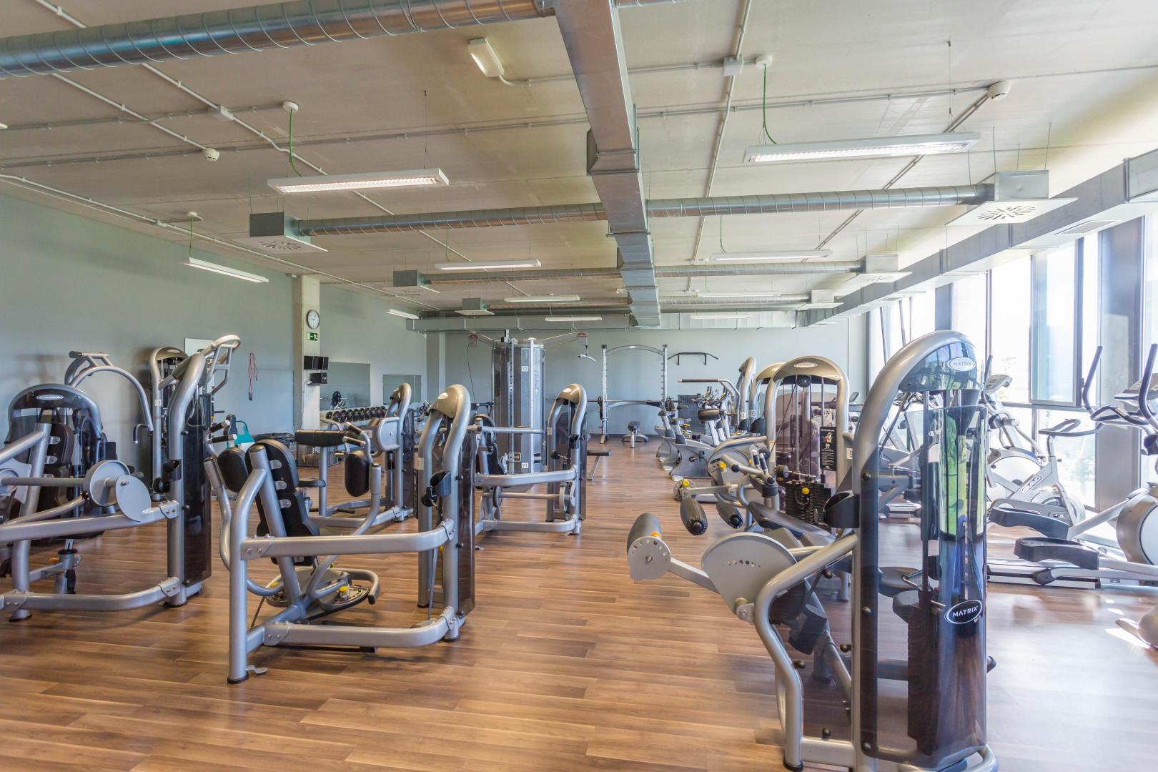 El gimnasio está equipado con aparatos de musculación y cardiovasculares modernos que permiten ejercitarse en un ambiente acogedor y amplio