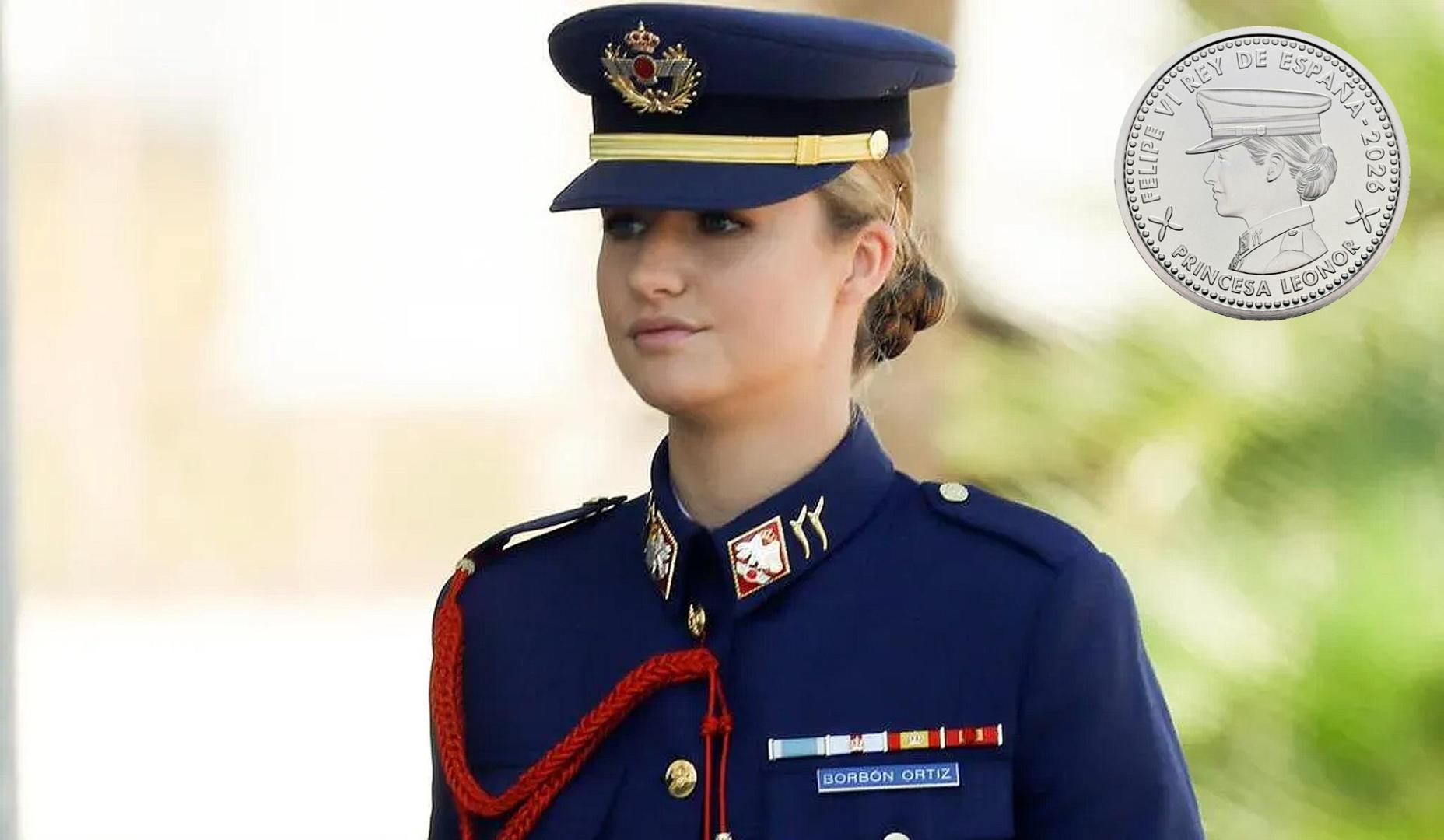 La princesa Leonor, con el uniforme del Ejército del Aire. A la derecha, la nueva moneda