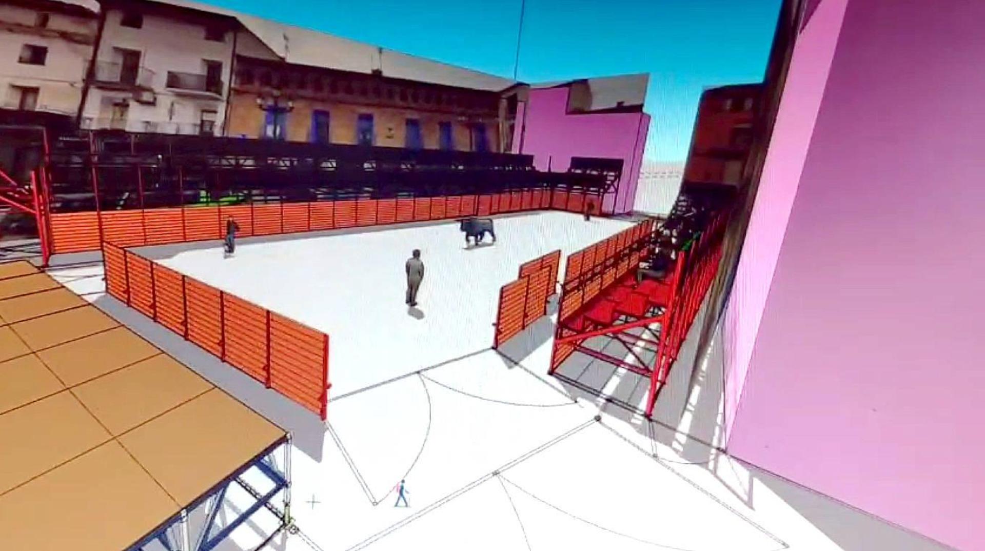 Imagen virtual de cómo será el nuevo perímetro vallado y las gradas de la futura plaza de toros desmontable de Ablitas