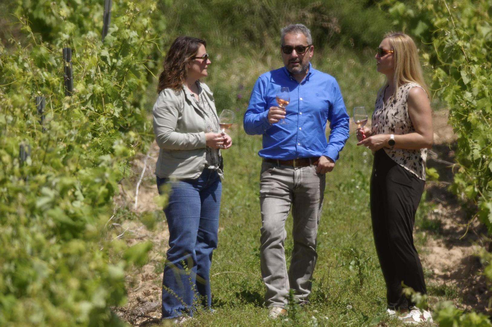 De izda, a dcha., Natalia Jauregui (gerente), Manuel Ruiz Pedreira (enólogo) y Esther Fernández de Manzanos (presidenta) en los viñedos de Viña Zagra