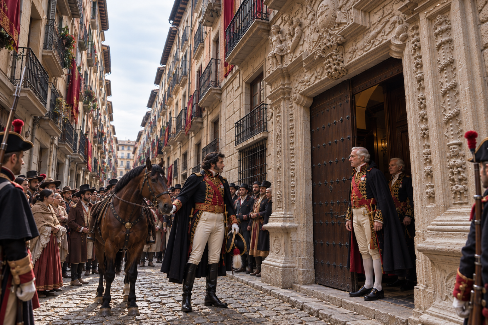 Recreación con IA del momento en el que Francisco Espoz y Mina se detiene ante al palacio de Ezpeleta, virrey de Navarra