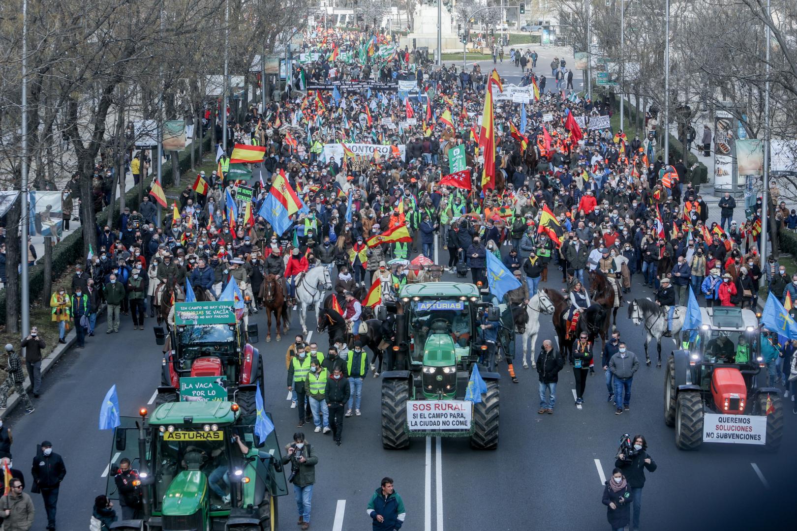 Personas a caballo con banderas de España, tractores y manifestantes en la movilización en defensa del campo y del mundo rural y la futura Ley de Protección Animal, en el Paseo de la Castellana