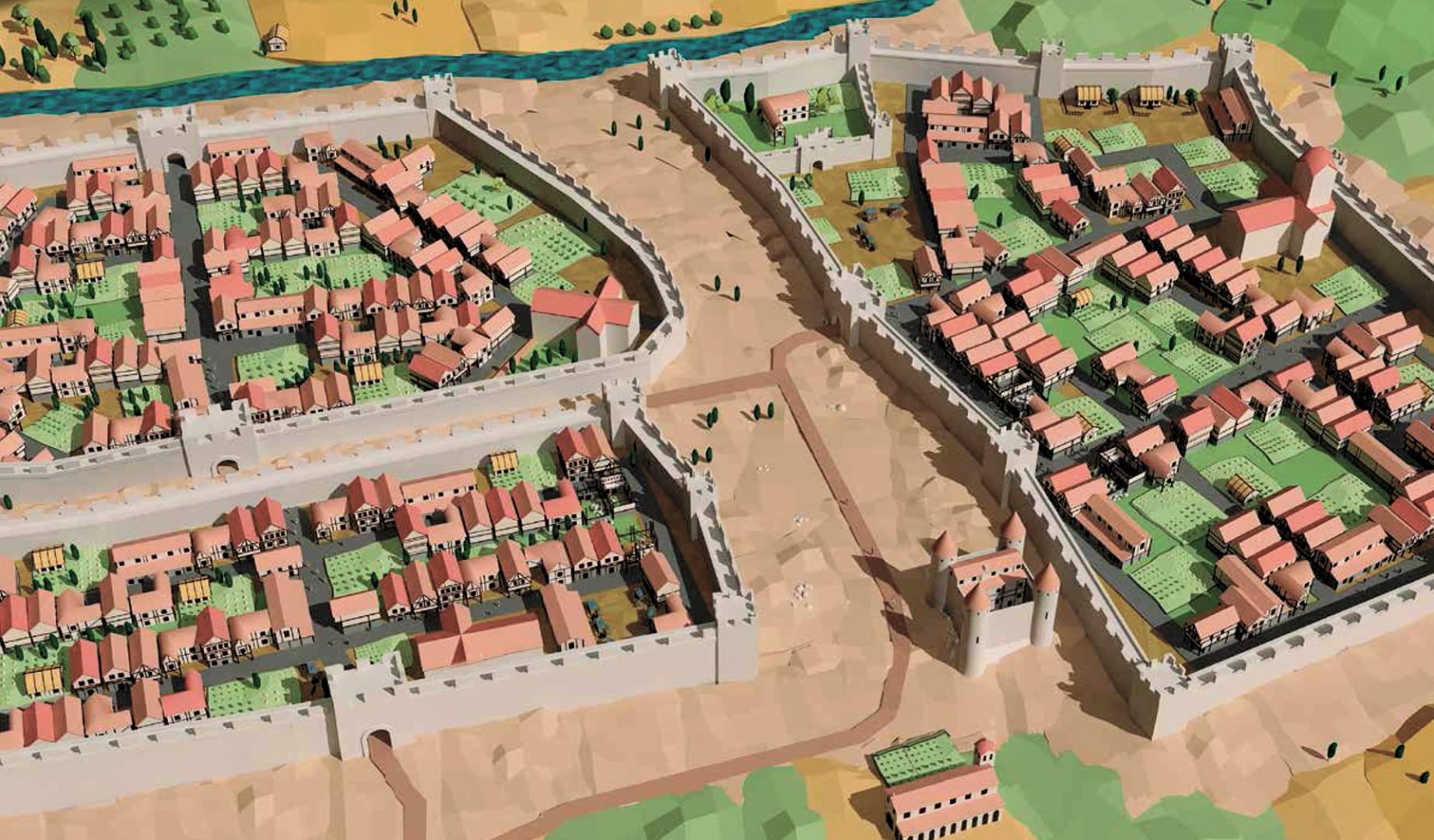 Una recreación de Iker Ibero de los tres burgos de Pamplona, el de San Nicolás en primer término; el de San Cernin  arriba, y ea la derecha  el de Navarrería, que fue prácticamente destruido en la guerra