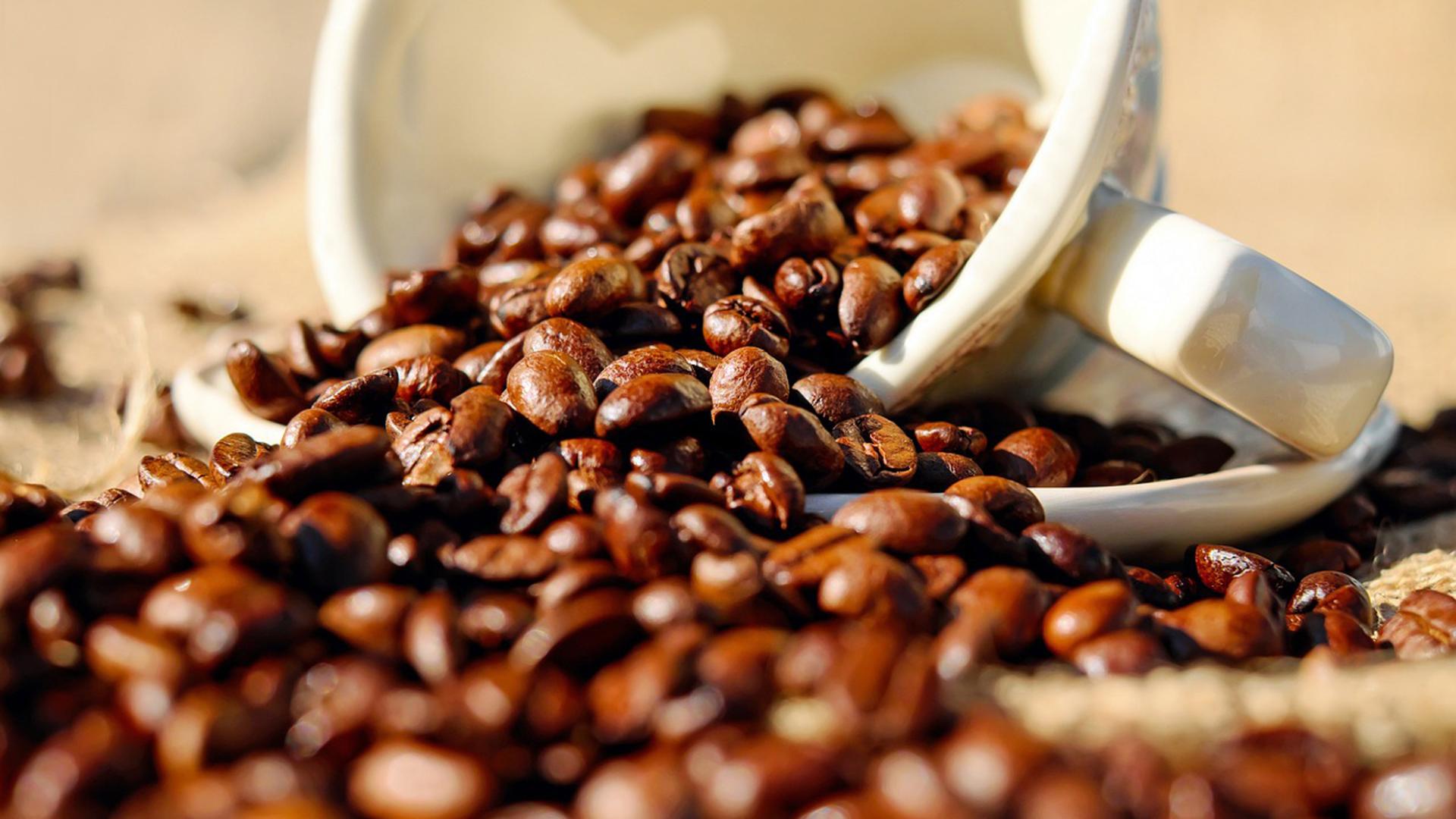 Una taza llena de granos de café