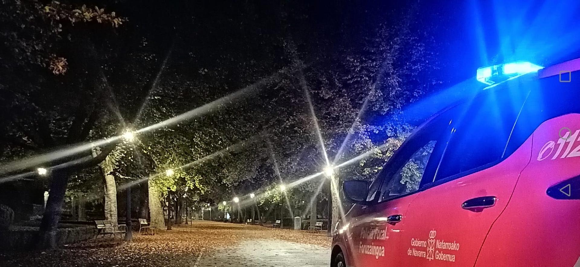 Una patrulla de Seguridad Ciudadana de Policía Foral, en un parque público de Pamplona