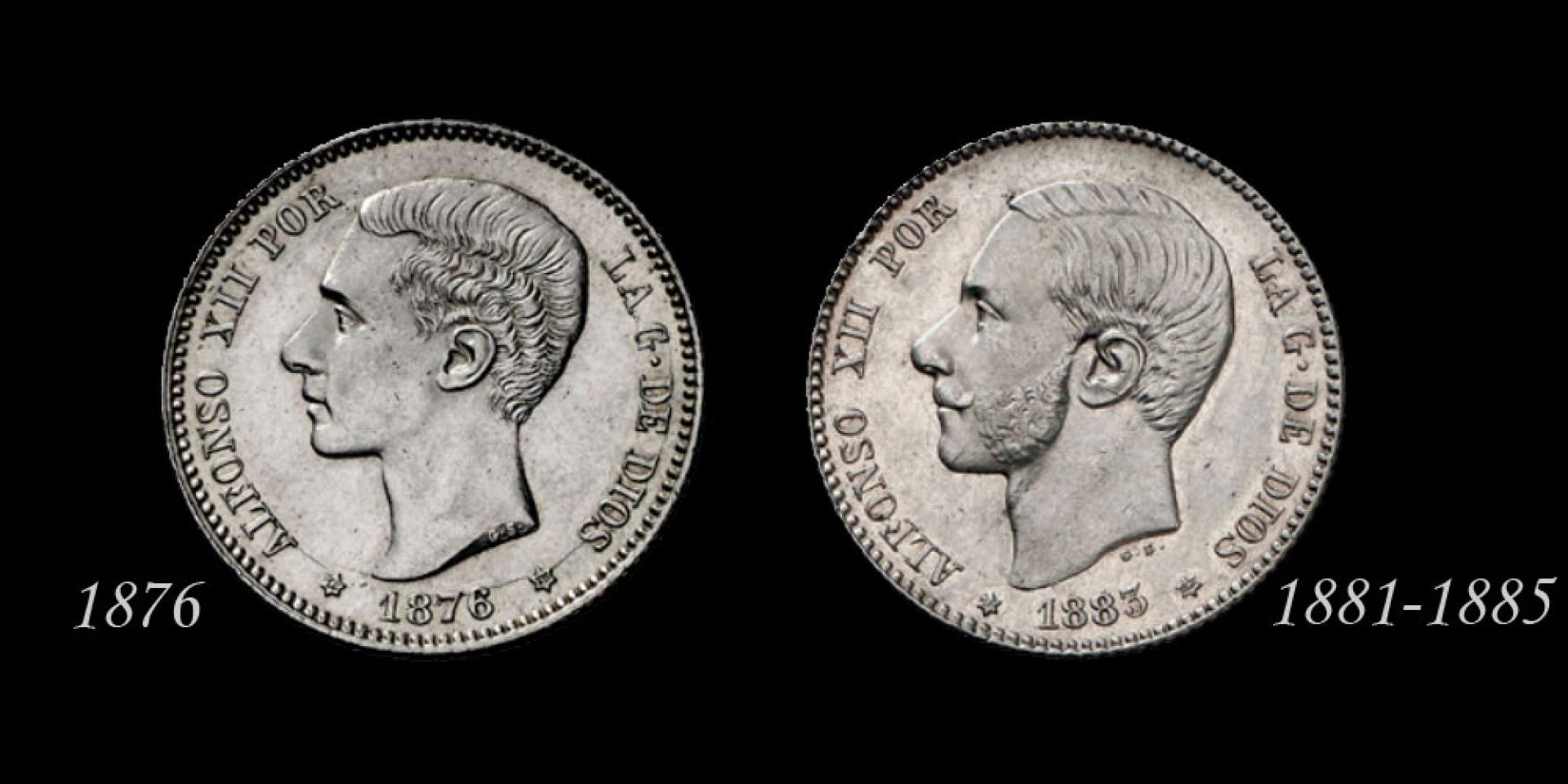 Anversos de las monedas de 1 peseta de Alfonso XII