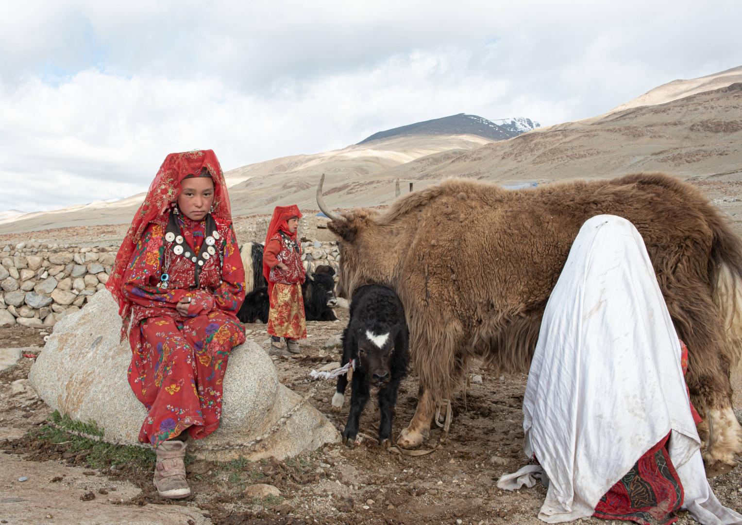 Una mujer (izq.) ordeña a un yak en el Pequeño Pamir afgano, habitado por tribus nómadas kirguises. Un velo blanco distingue a las mujeres casadas, mientras las solteras lo llevan de color rojo.
