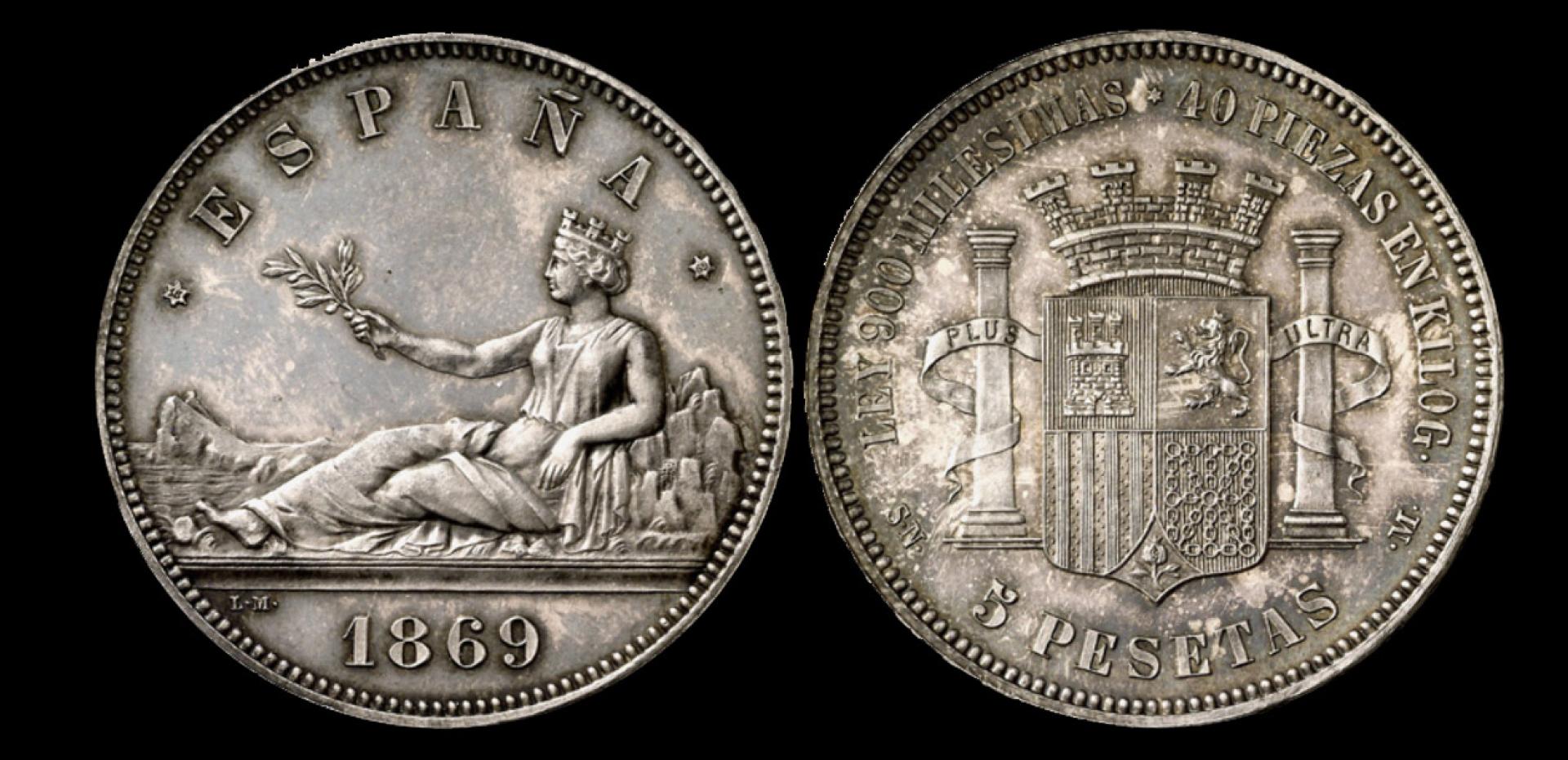 Moneda de 5 pesetas de 1869 con el diseño definitivo