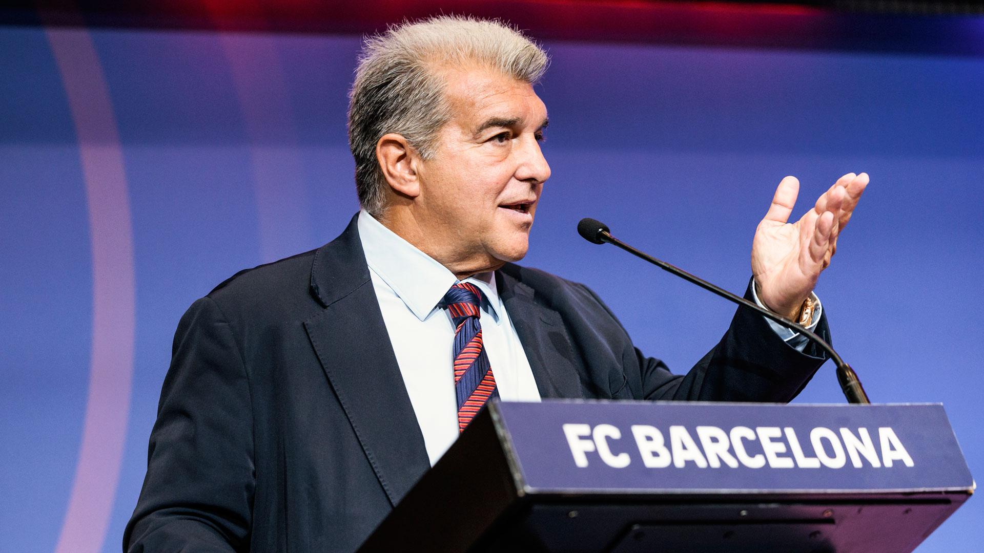 El presidente del FC Barcelona, Joan Laporta, durante la rueda de prensa de este martes