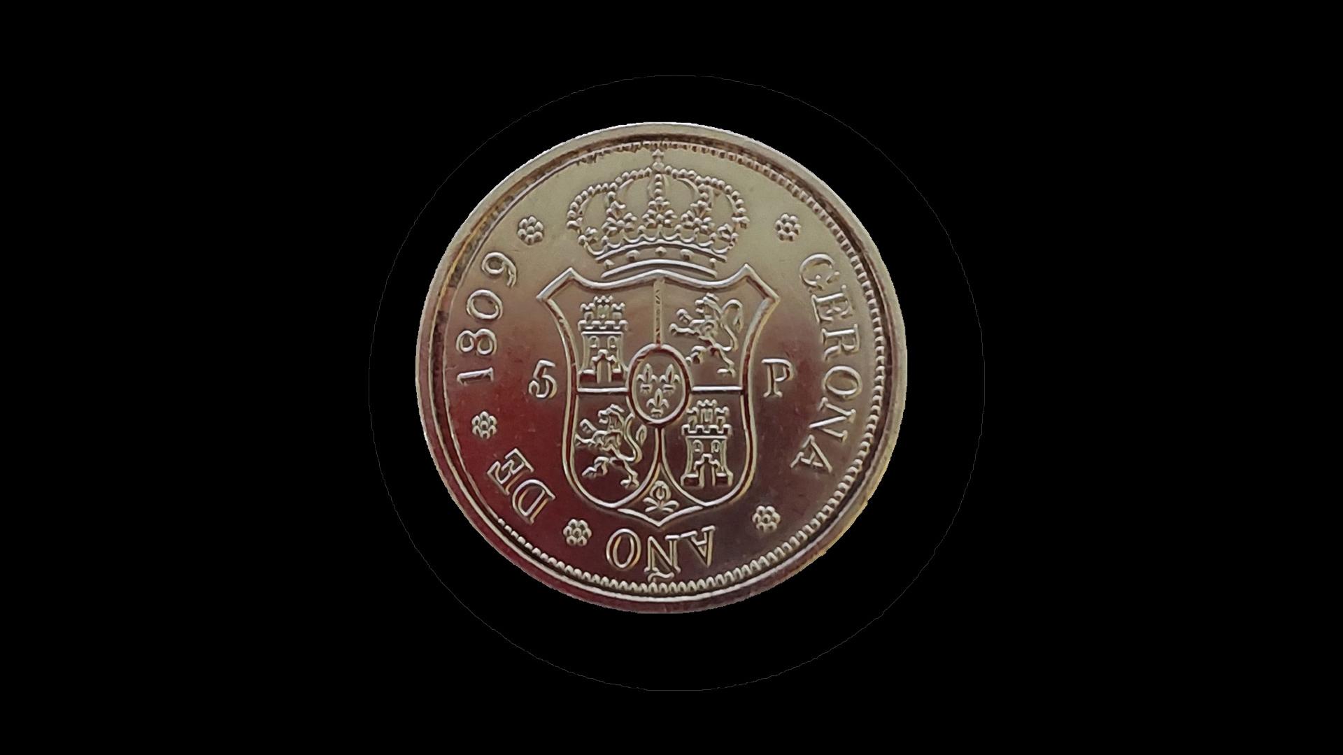 Reverso de una réplica de la moneda de 5 pesetas cuyo original alcanza los 27.000 euros en subasta