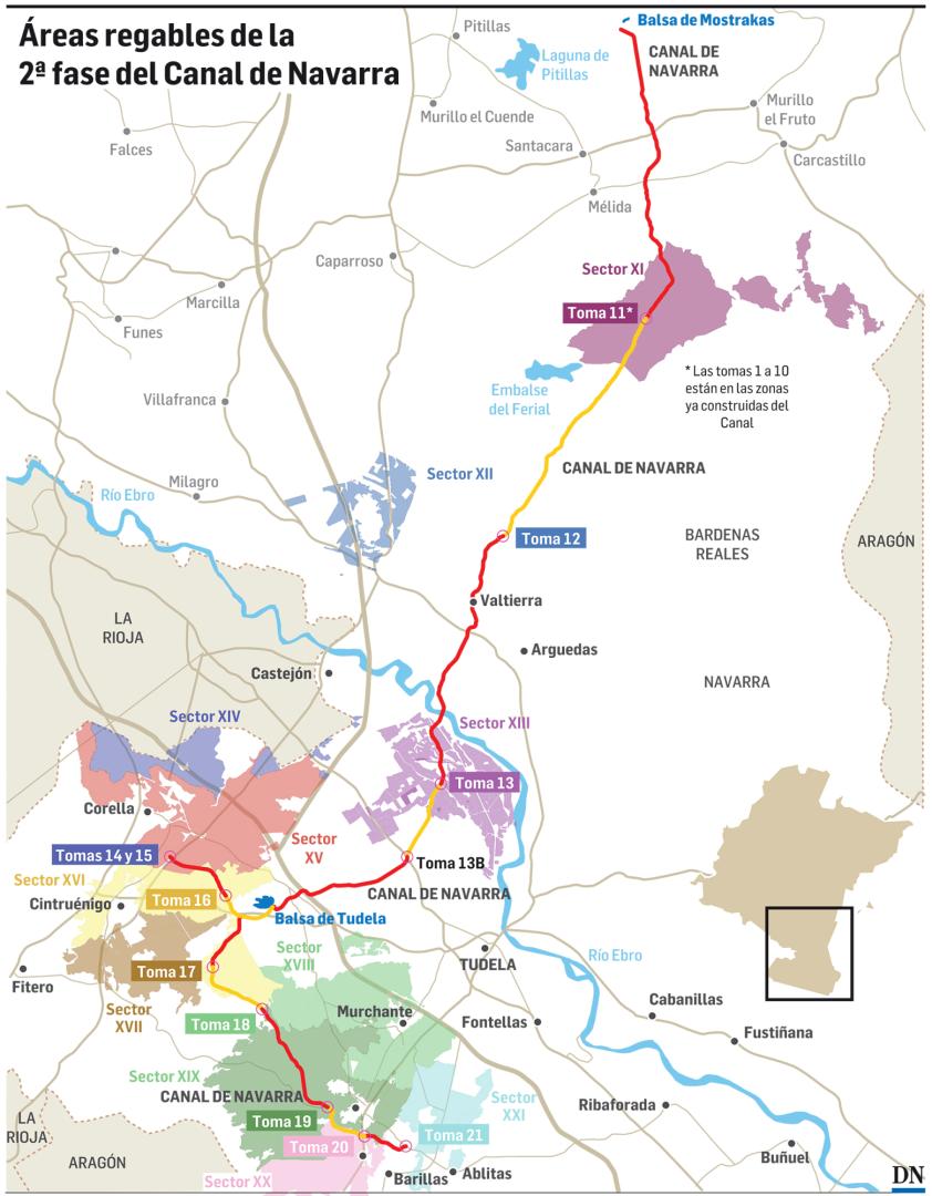 Mapa con las áreas regables de la segunda fase del Canal de Navarra
