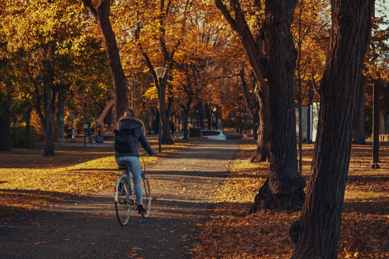 Imagen de un mujer en bicicleta por un parque