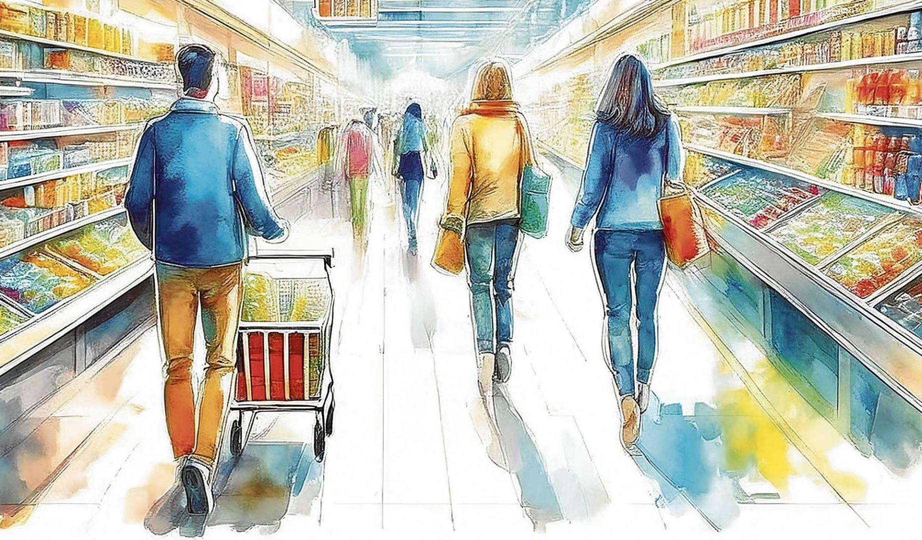 Ilustración de personas en el supermercado