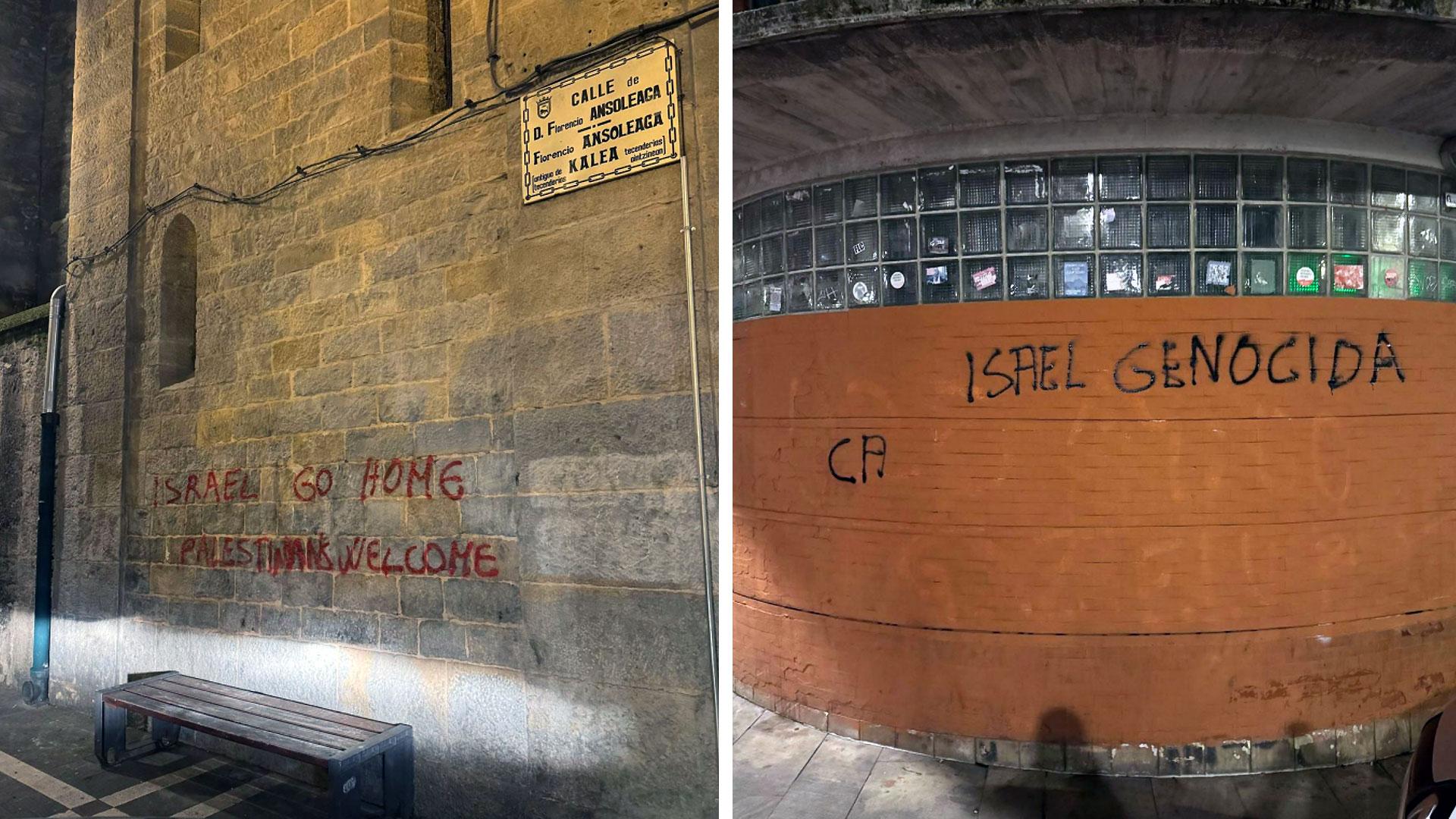 Dos de las pintadas realizadas en la iglesia de San Saturnino y en la plaza de San Francisco