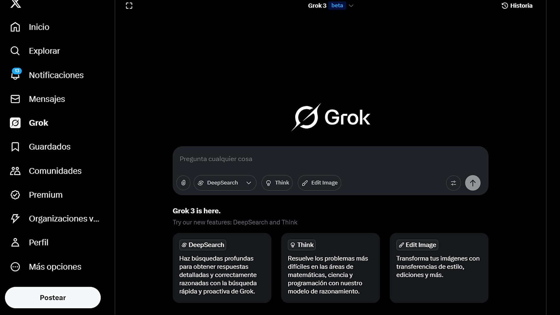 Captura del asistente de X, Grok, en su versión beta
