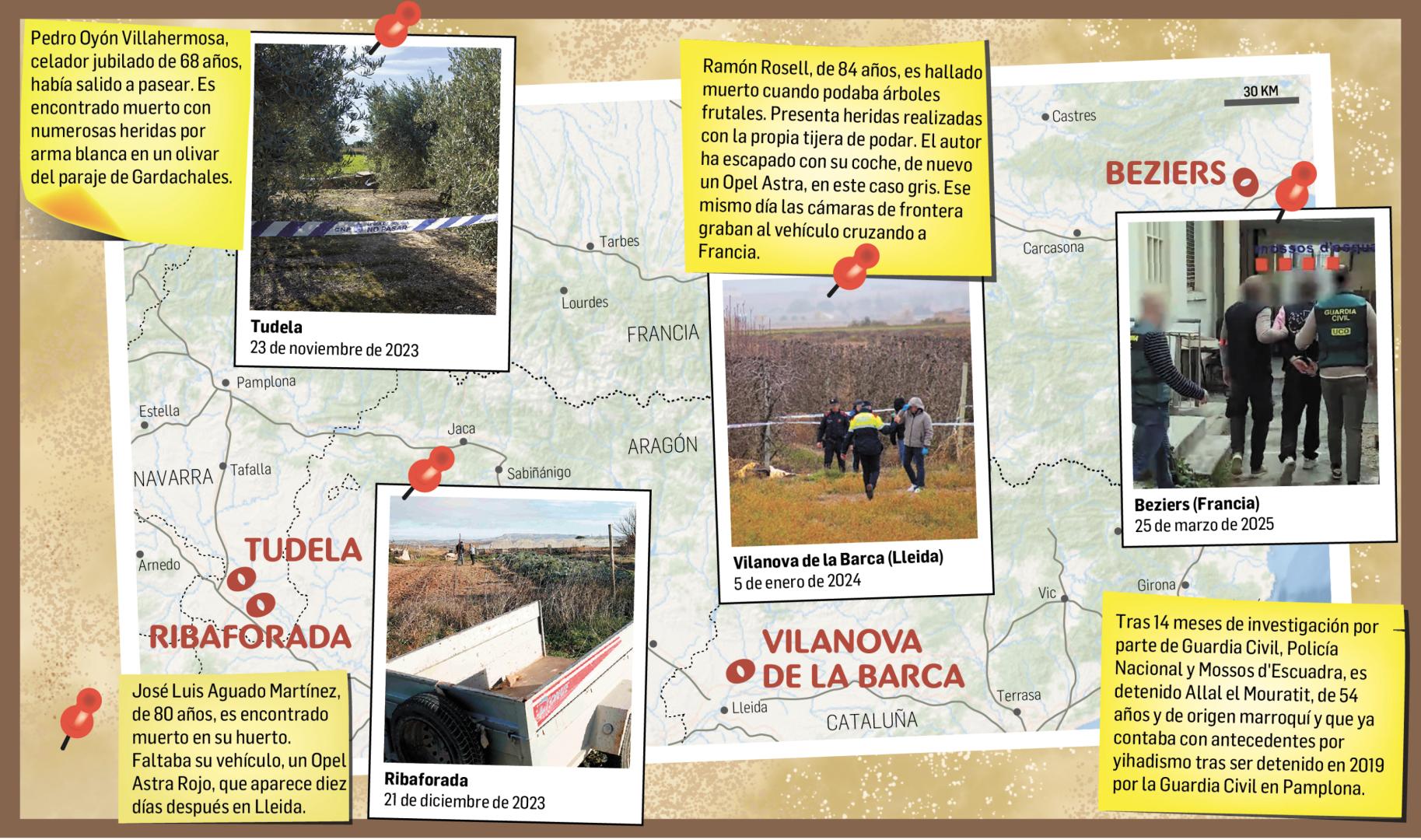 El cerco de la Guardia Civil para dar caza a Mourabit, acusado de tres crímenes en Tudela, Ribaforada y Lleida, se estrechó tras conectar el ADN de los escenarios con el nombre del yihadista huido en Francia