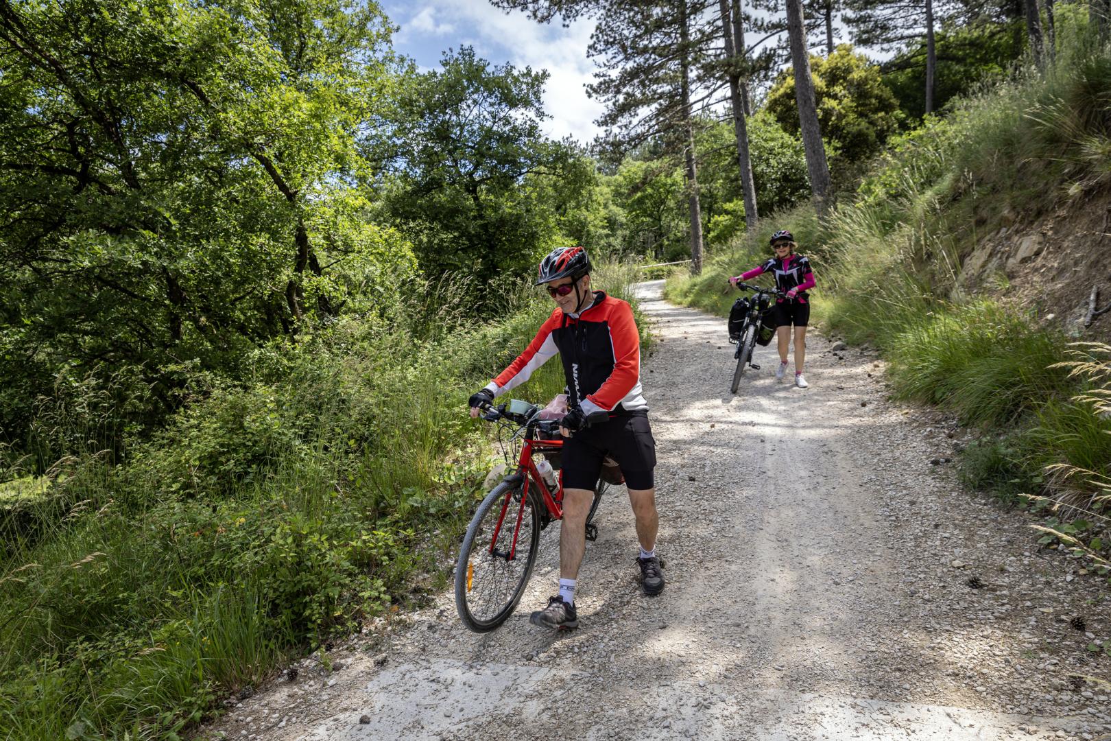 Dos cicloturistas atraviesan, pie en tierra, un tramo de la Vía Verde del Plazaola.
