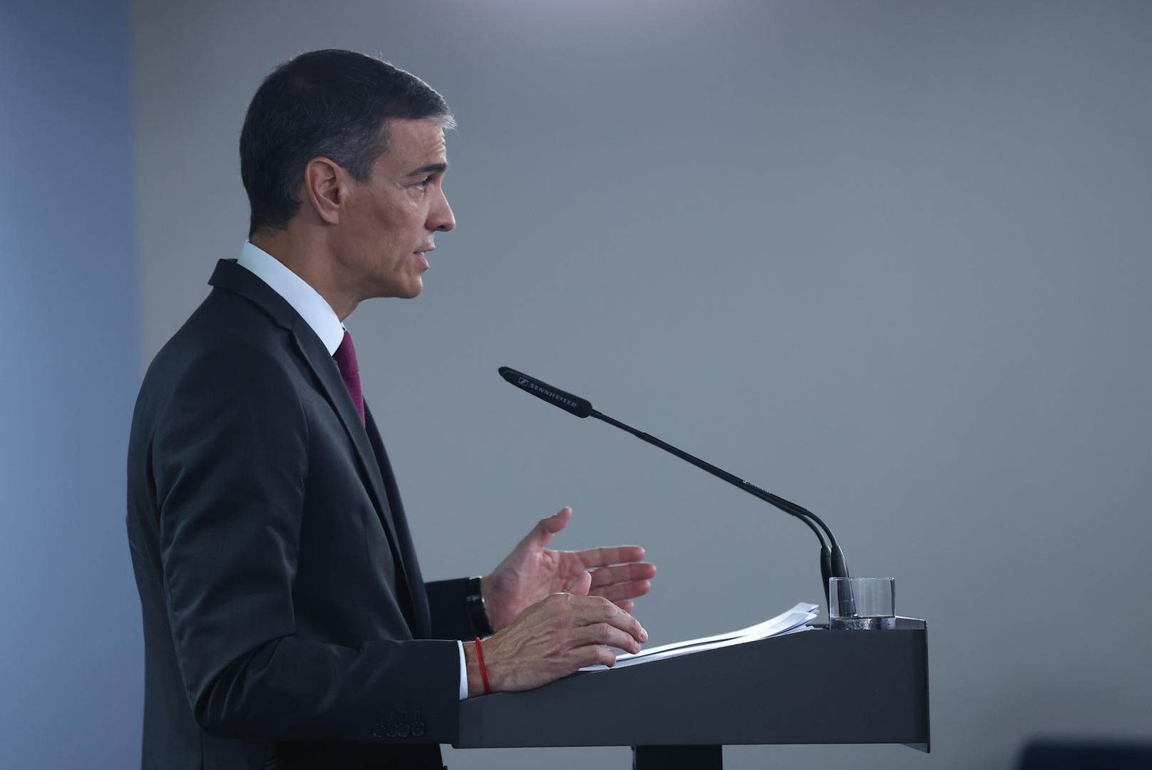 Pedro Sánchez, durante su declaración institucional en el Palacio de la Moncloa el pasado día 22