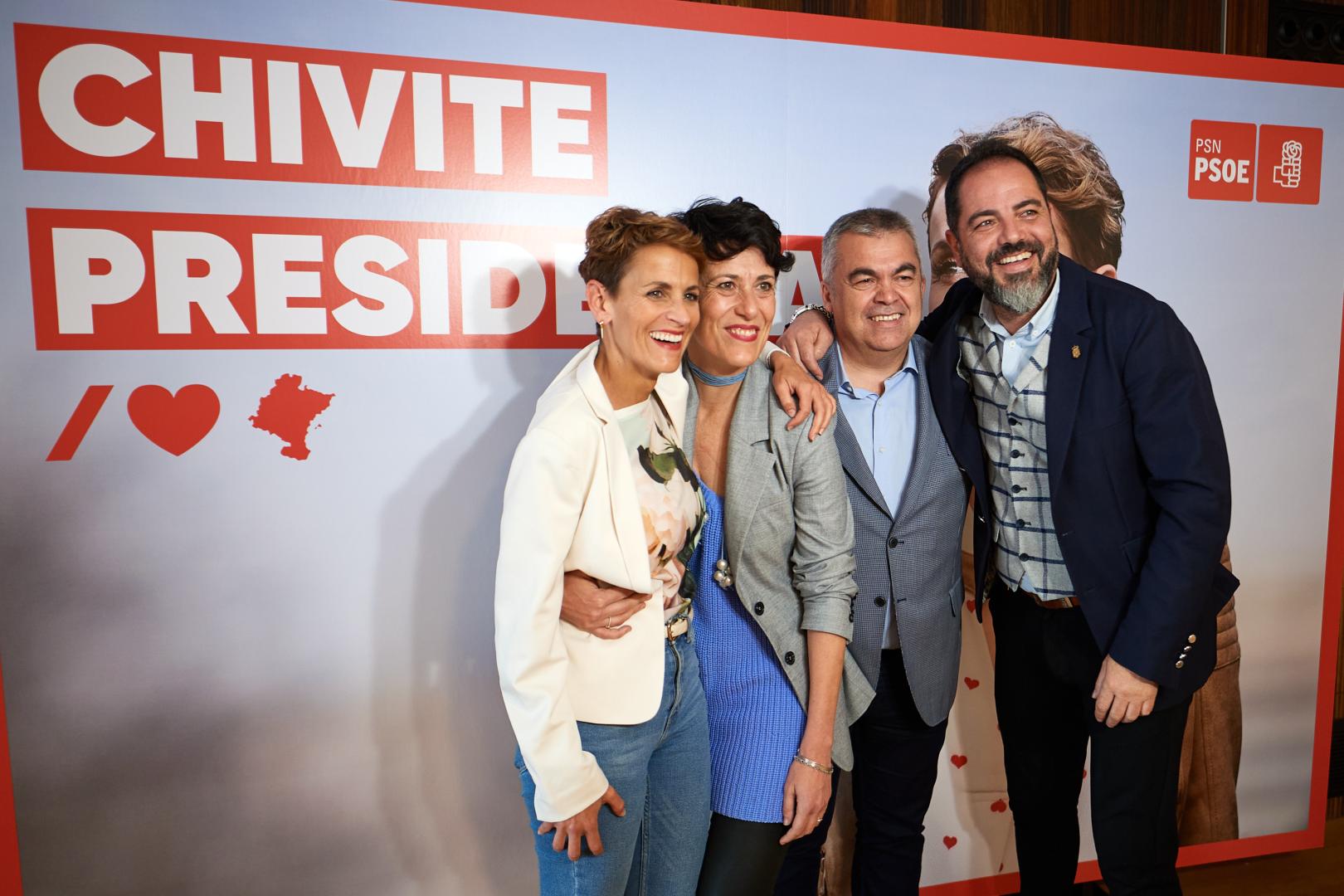 26 de mayo de 2023, acto de fin de campaña del PSN, con María Chivite, Elma Saiz, Santos Cerdán y Ramón Alzórriz
