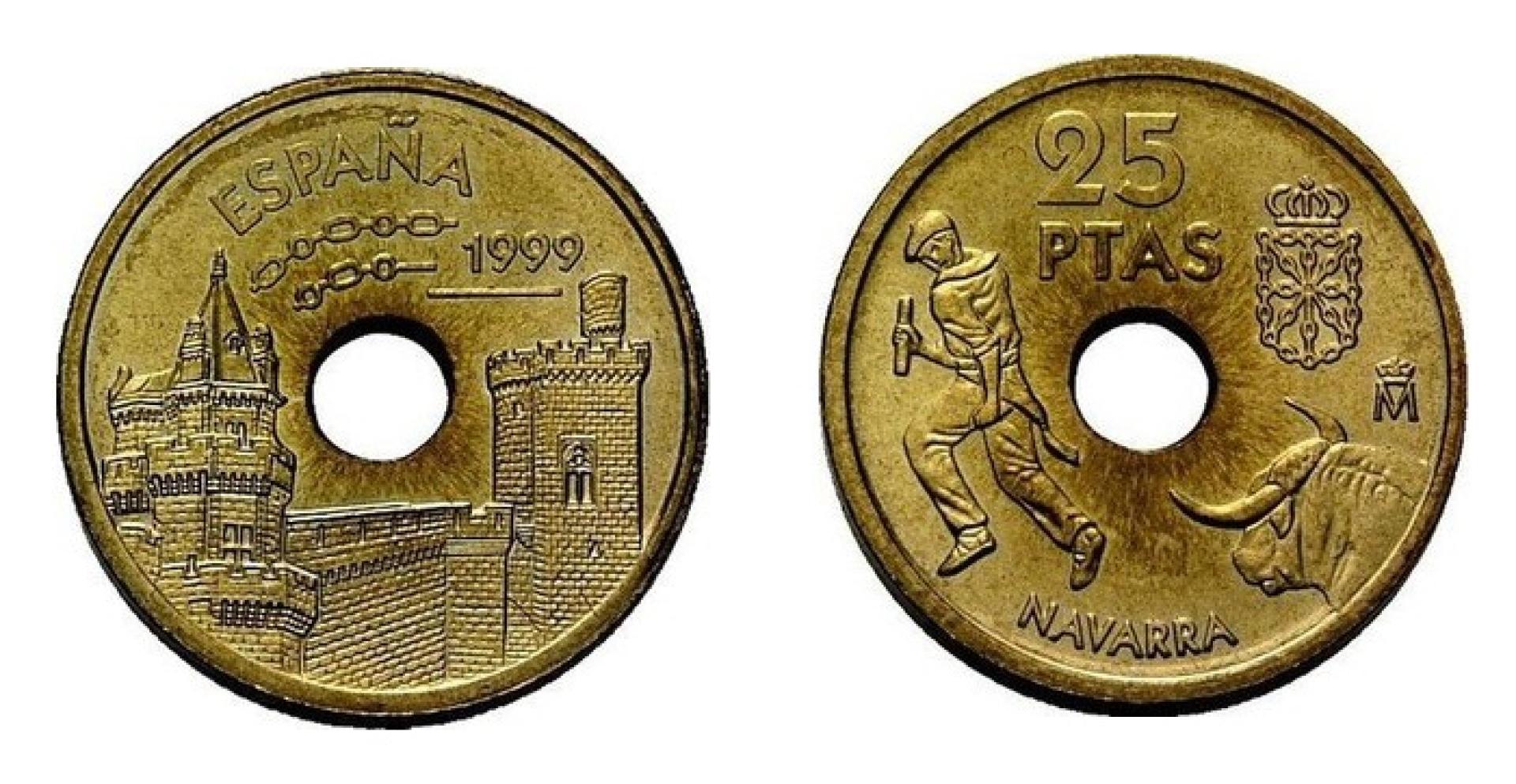 Anverso y reverso de la moneda de 25 pesetas de Navarra