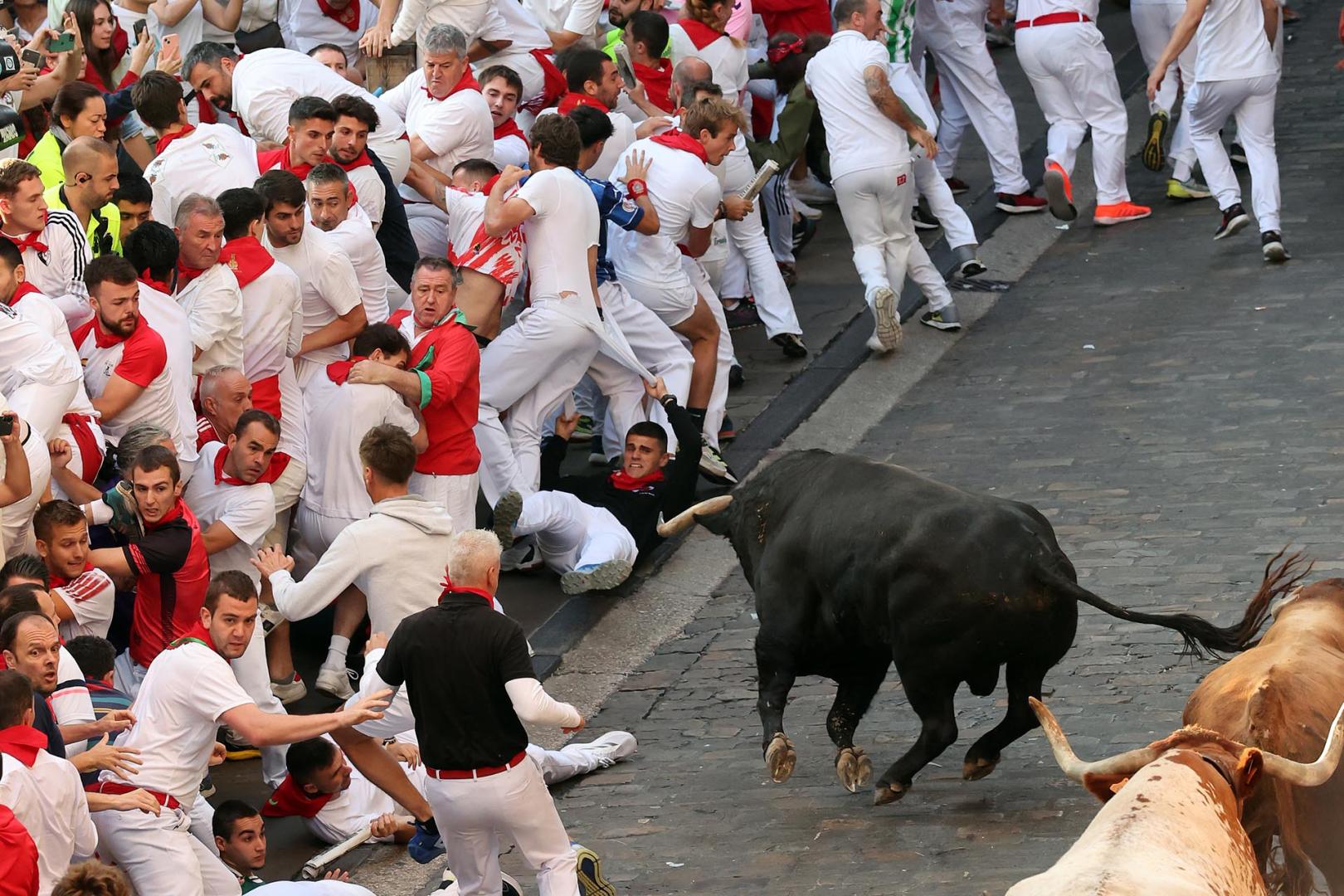 Fotos del séptimo encierro de San Fermín 2025 con toros de La Palmosilla. |