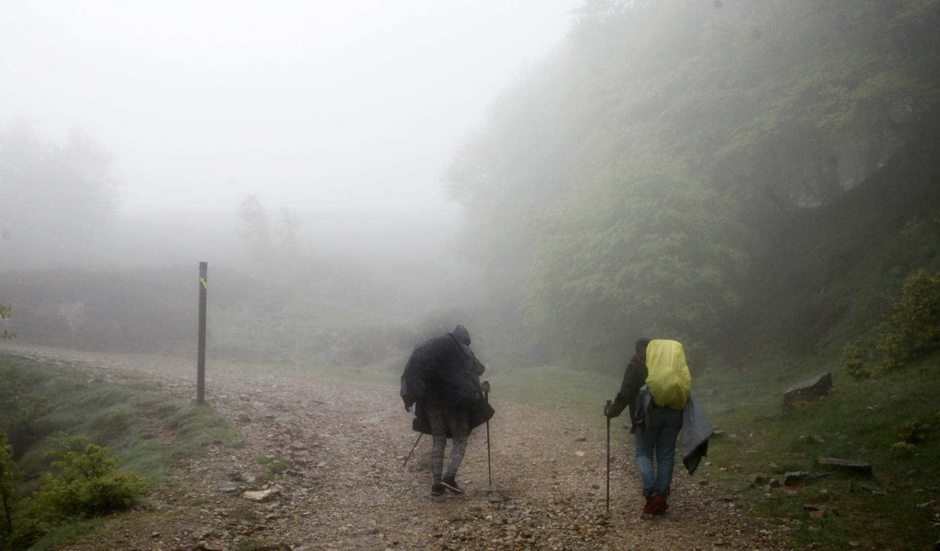 Peregrinos en mayo de 2024 en dirección Roncesvalles por el collado de Lepoeder, muy cerca de la fuente de Roldán
