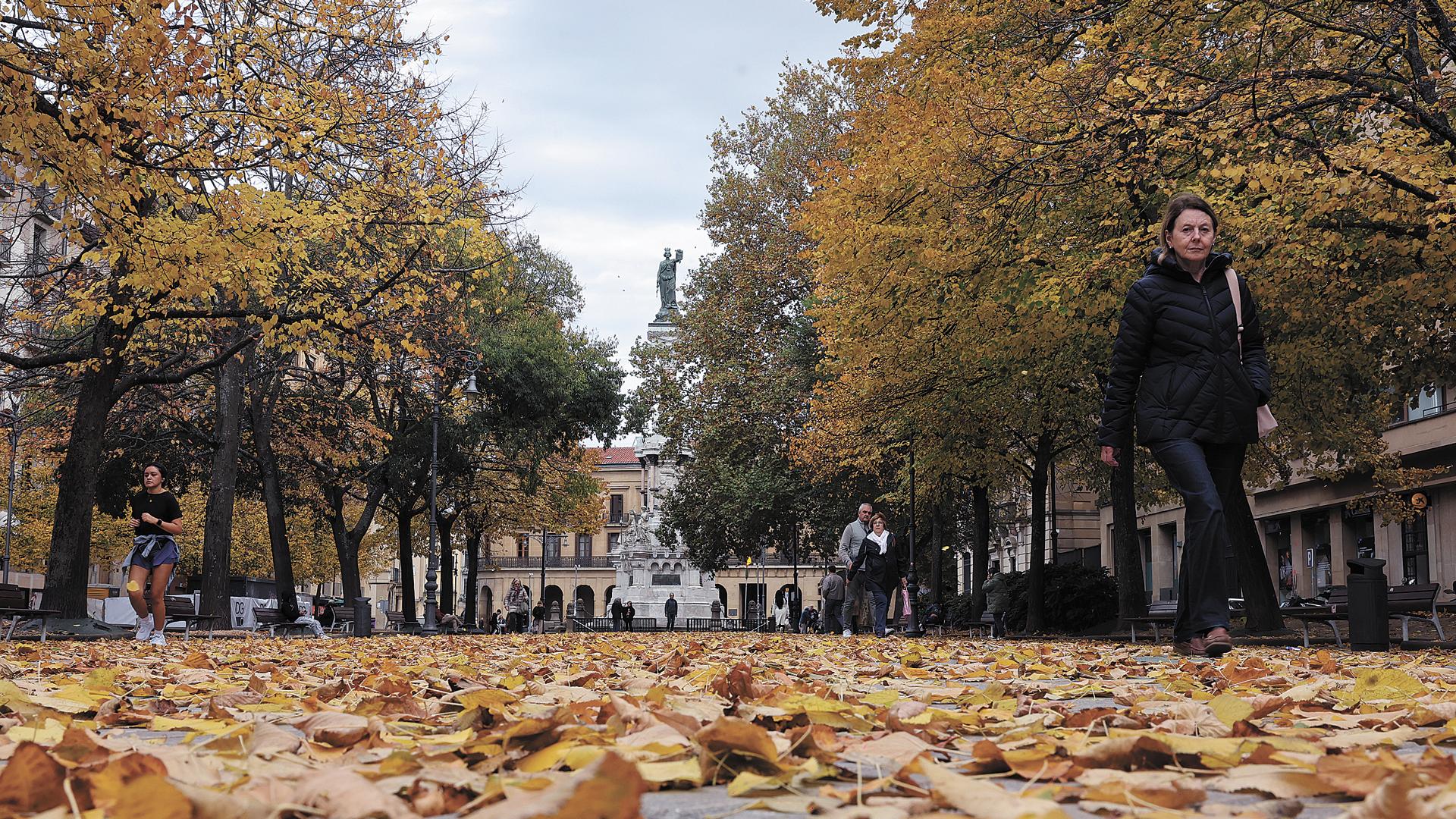 Hojas sobre el pavimento del paseo de Sarasate en una imagen otoñal de hace unos días