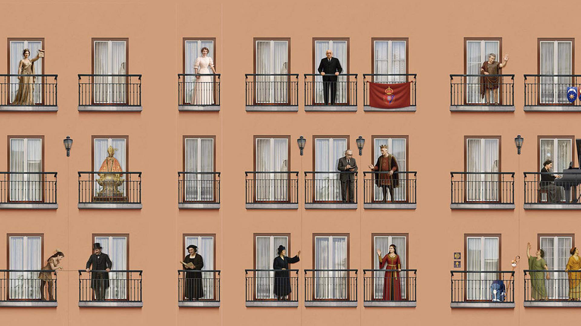 Parte de la lona que cubrirá Casa Seminario durante sus obras con los personajes históricos y emblemáticos /