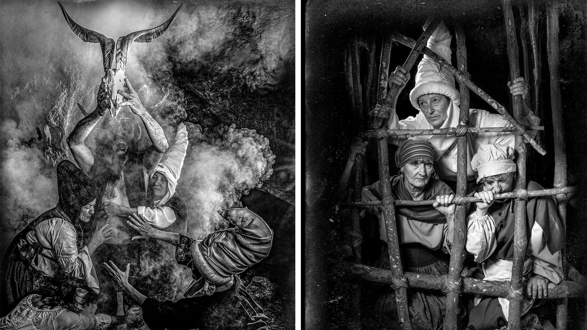 Dos de las imágenes del libro 'Zugarramurdi 1610', que reflejan un akelarre y a unas mujeres encarceladas tras ser acusadas de brujería