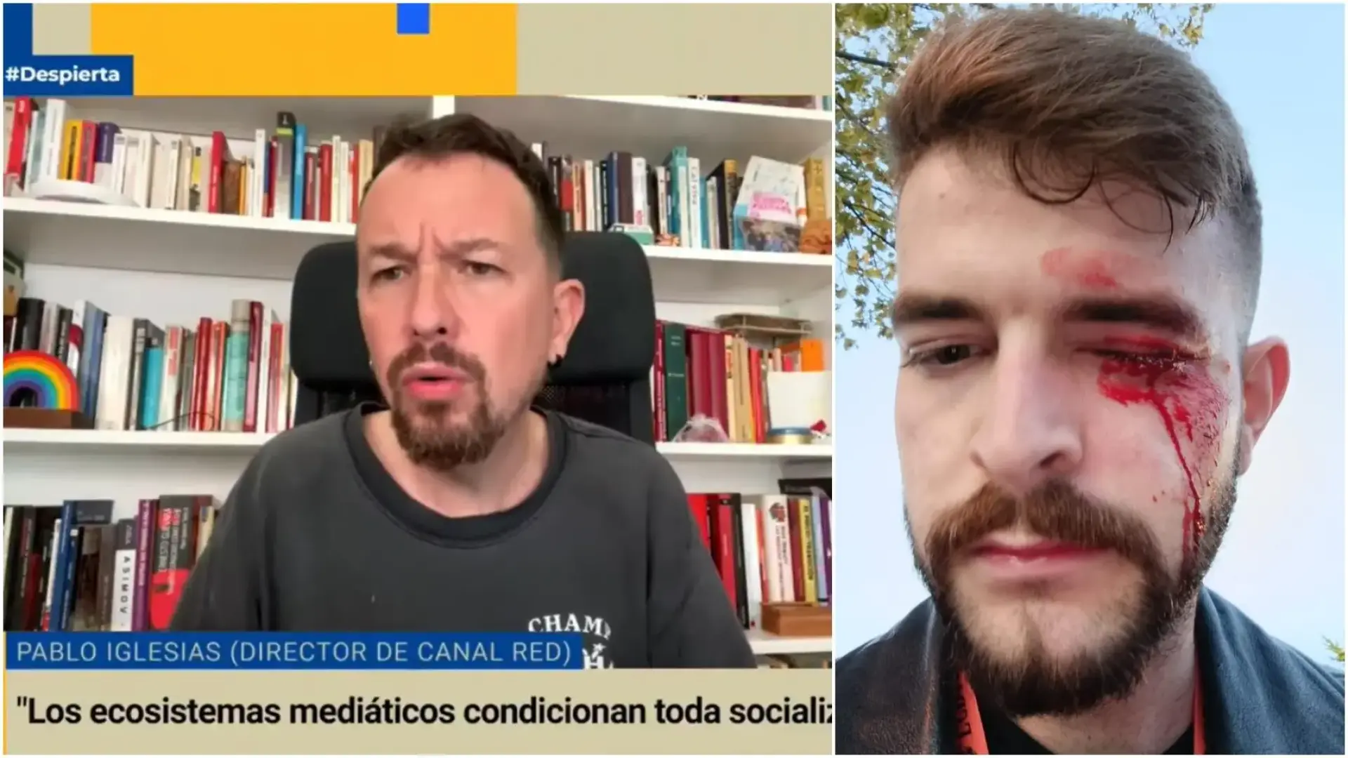 Momento del vídeo en el que Pablo Iglesias acusa al periodista apaleado en Pamplona de ser un infiltrado de la policía.