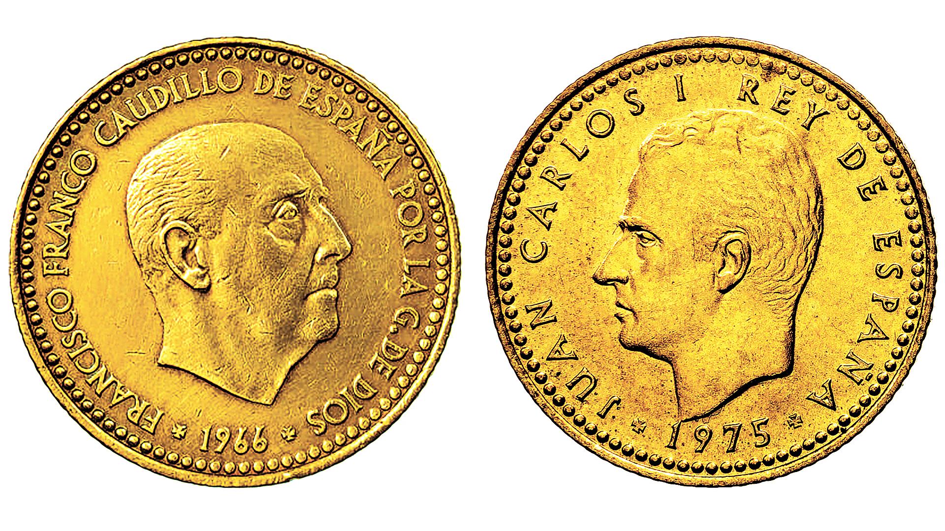 Monedas con las caras de Francisco Franco y el rey Juan Carlos I /