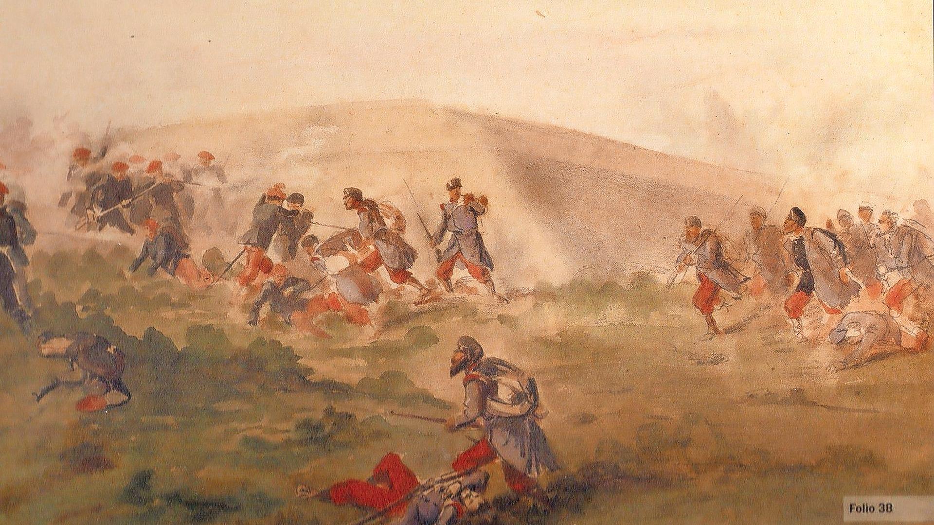 Imagen de los combates en Oricáin, que forma parte del Álbum del Bloqueo que se conserva en el Archivo Genera