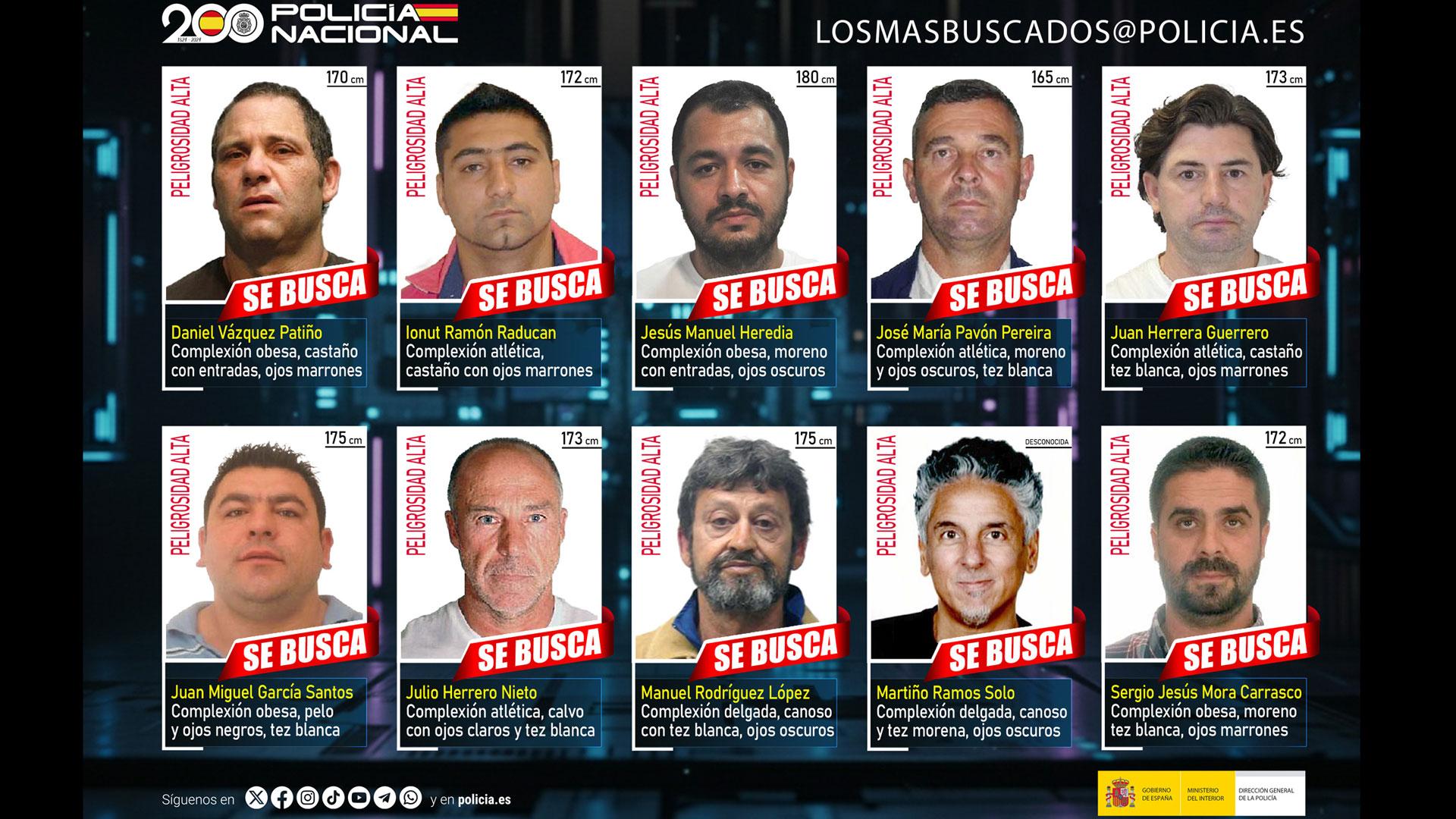 Cartel con los 10 fugitivos más buscados por la Policía Nacional en España