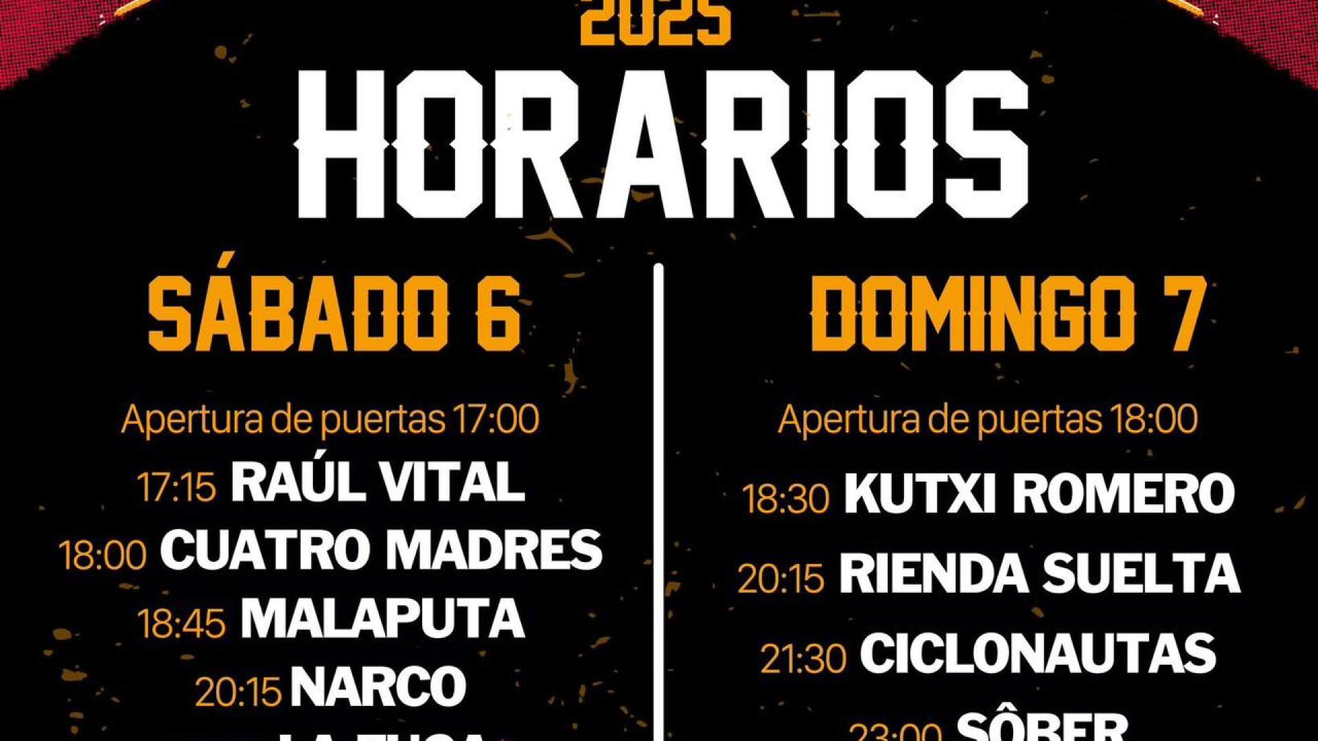 Cartel definitivo del Ribaforada Rock Fest, con los bandas musicales y los horarios de actuación.