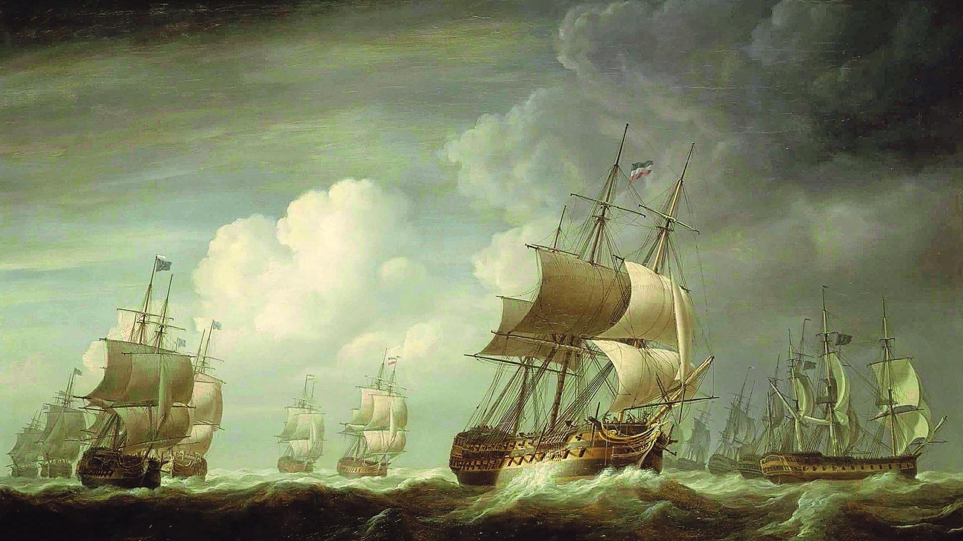 Barcos de la Compañía de las Indias Orientales en el mar. Nicholas Pocock, 1803