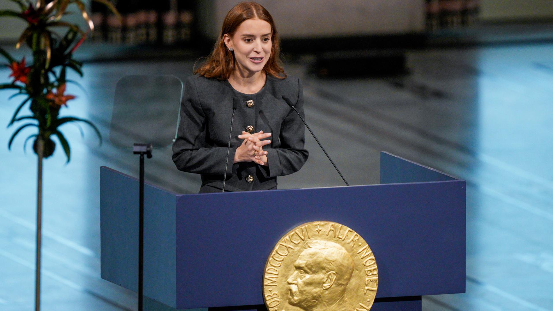 La hija de la opositora María Corina Machado recibe en su nombre en Oslo el Premio Nobel de la Paz