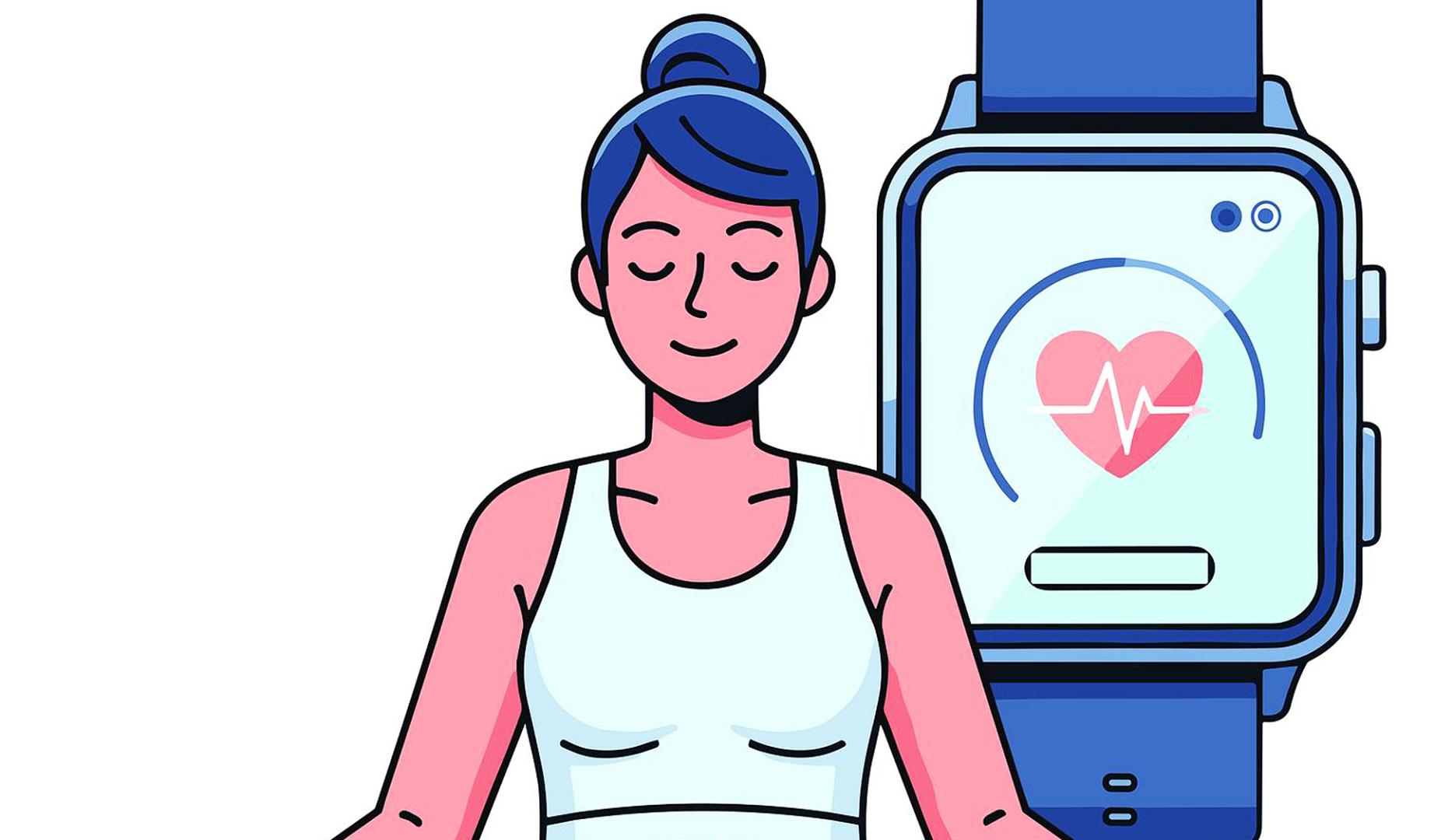 Una mujer medita con un pulsómetro registrando la actividad a su lado