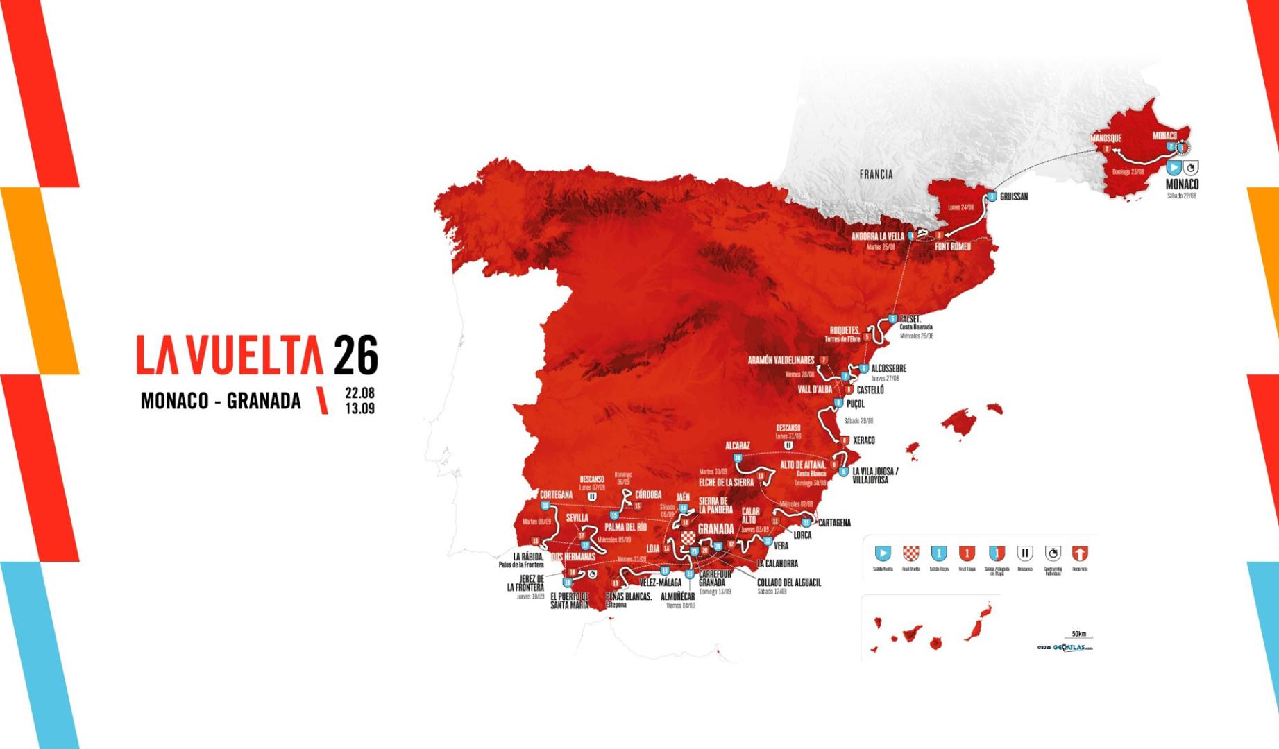La Vuelta 26 partirá del Casino de Mónaco y coronará al campeón en la Alhambra de Granada