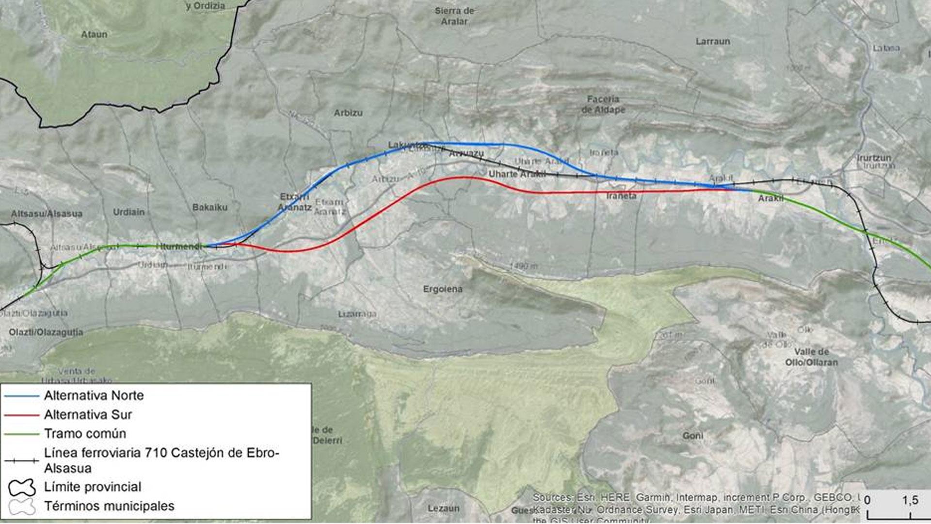 Mapa con los trazados de las dos alternativas del Corredor de Alta Velocidad que discurre entre Pamplona y Alsasua