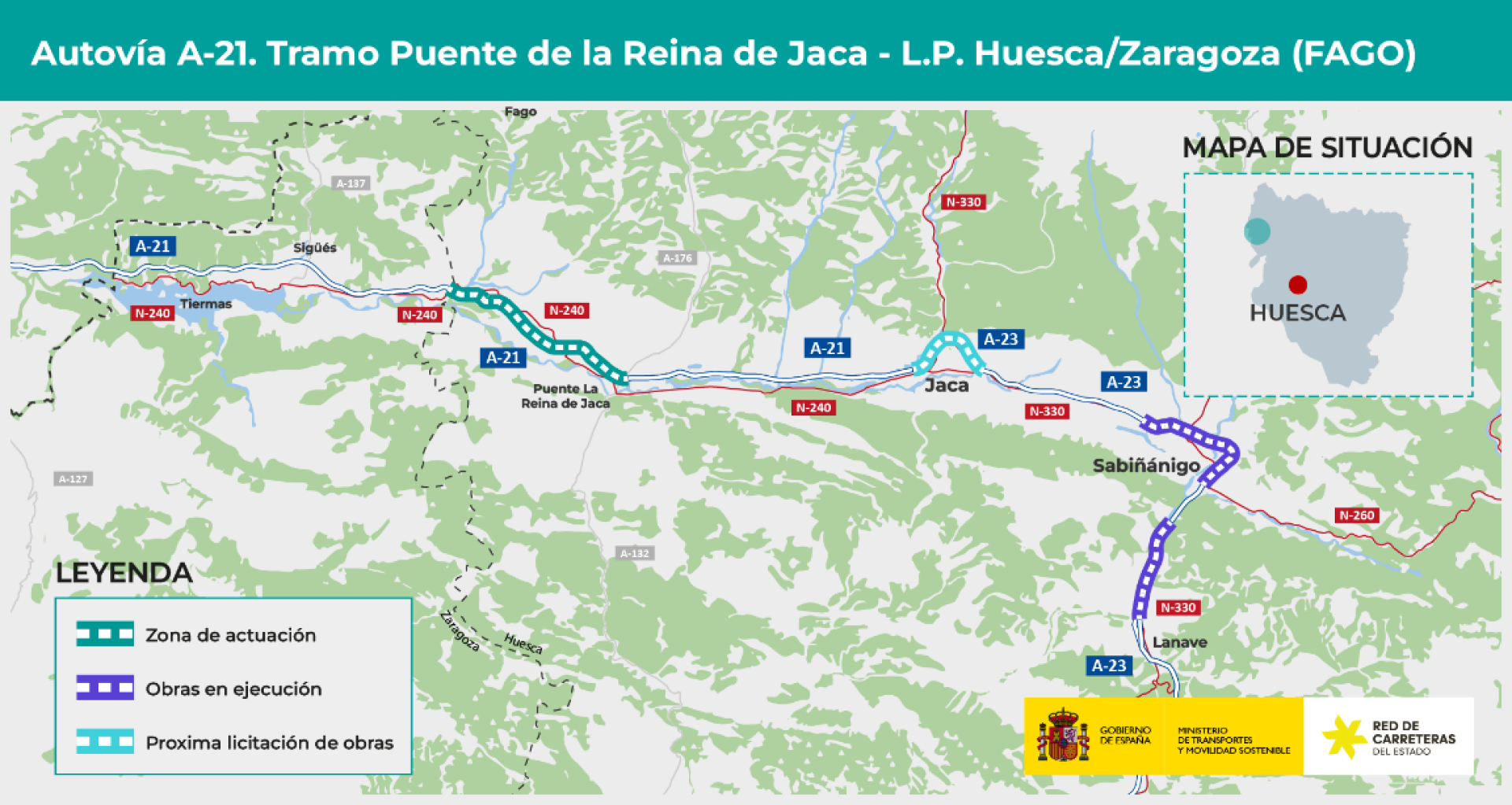 Detalle del tramo a construir entre Puente de la Reina de Jaca y Fago de la A-21