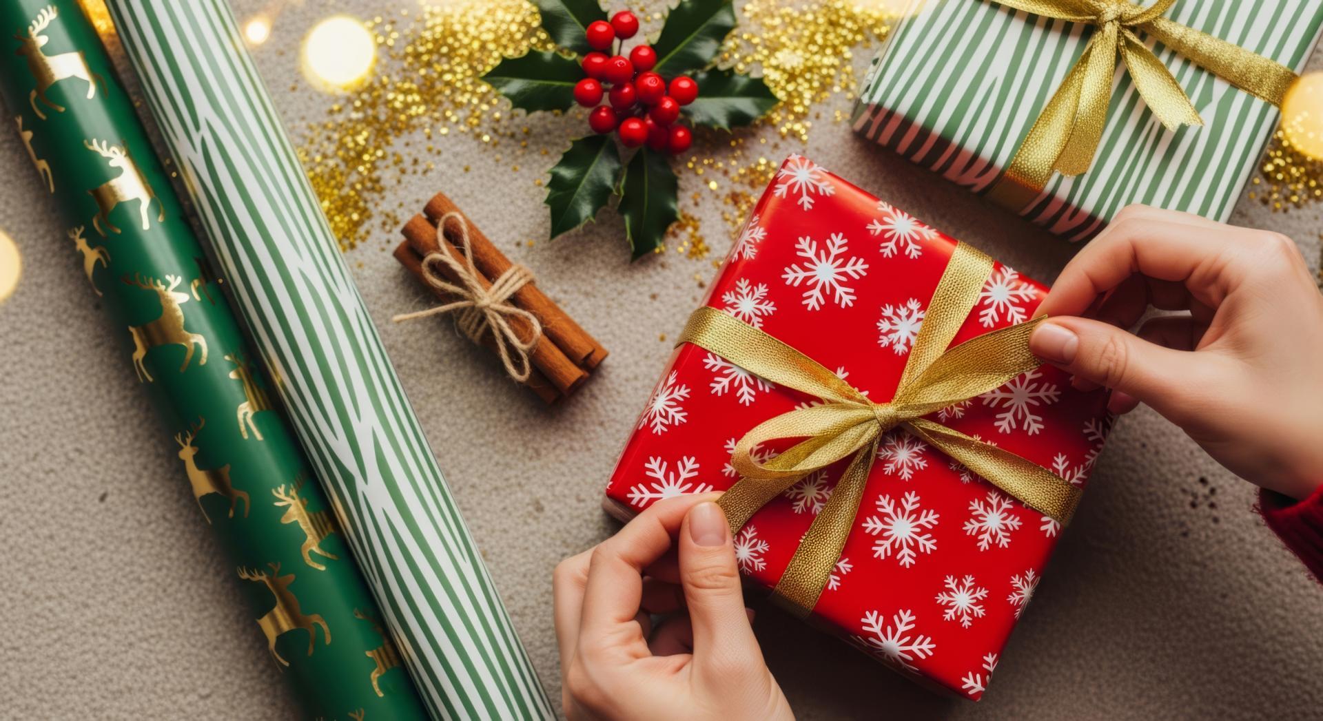 Manos envolviendo un regalo de Navidad con papel rojo y un lazo dorado