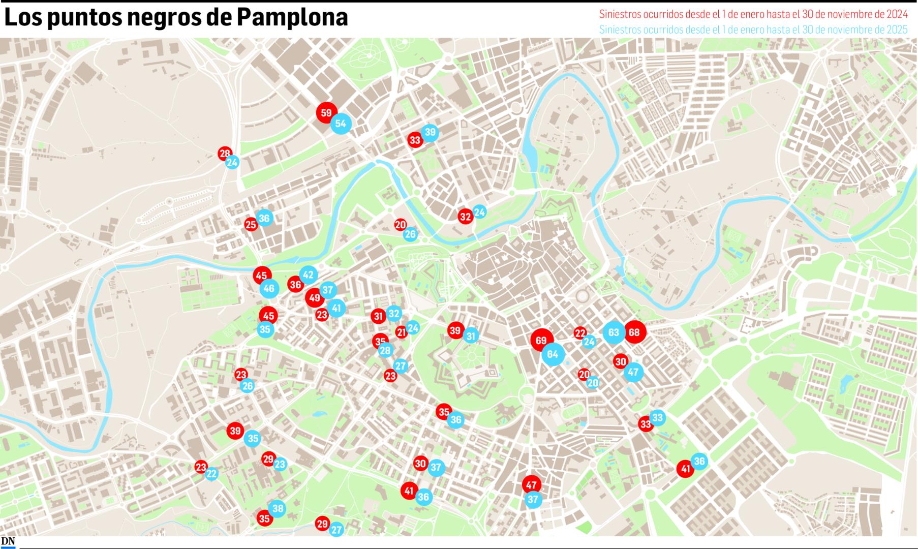 Plano de Pamplona con la localización y el número de accidentes por calles